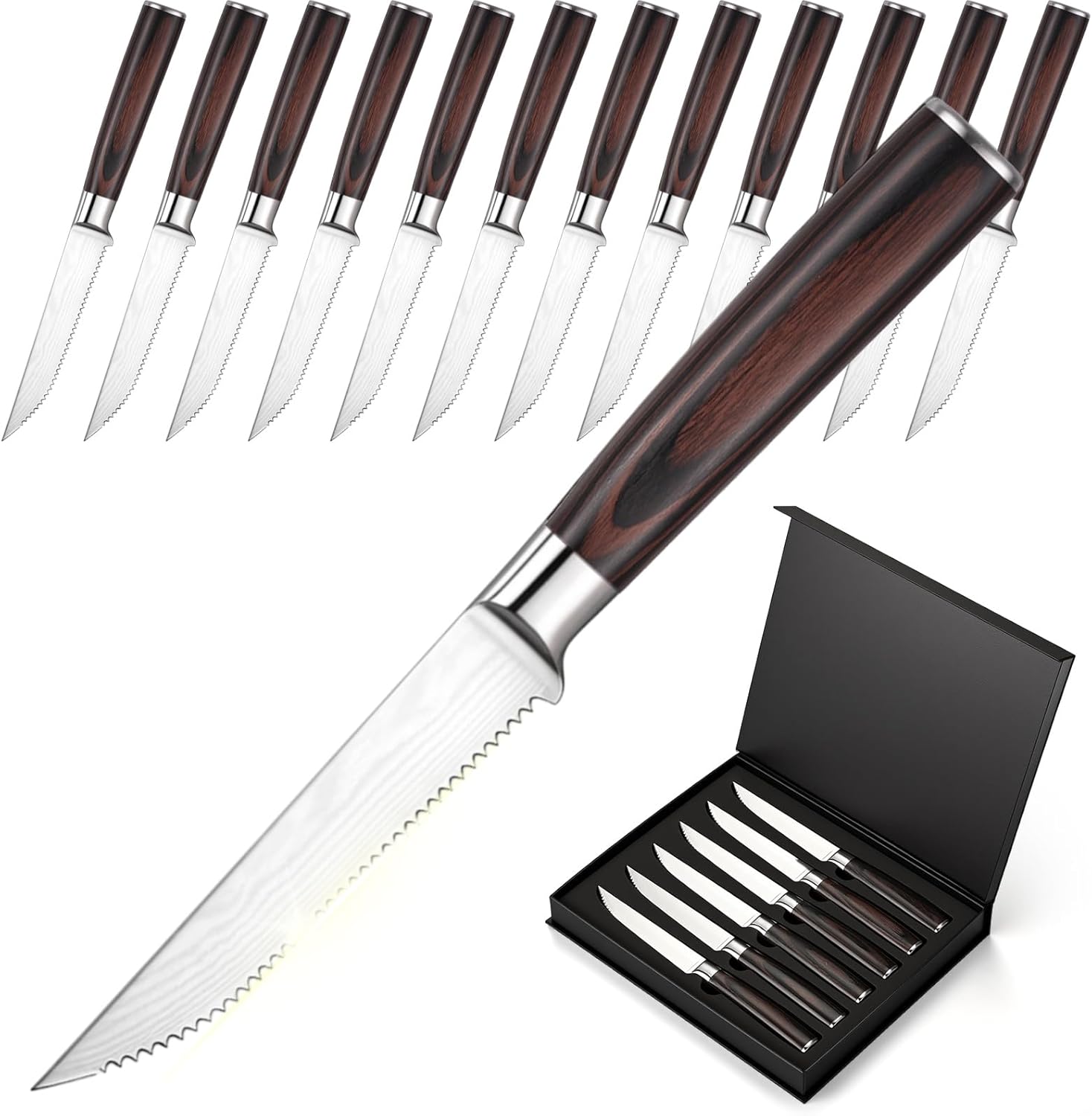 12 Pcs Steak Knife Set 4.3 Inch Serrated Steak Knife with Pakkawood Handle Kitchen Stainless Steel Dinner Knives with Gift Box Home Party Supplies