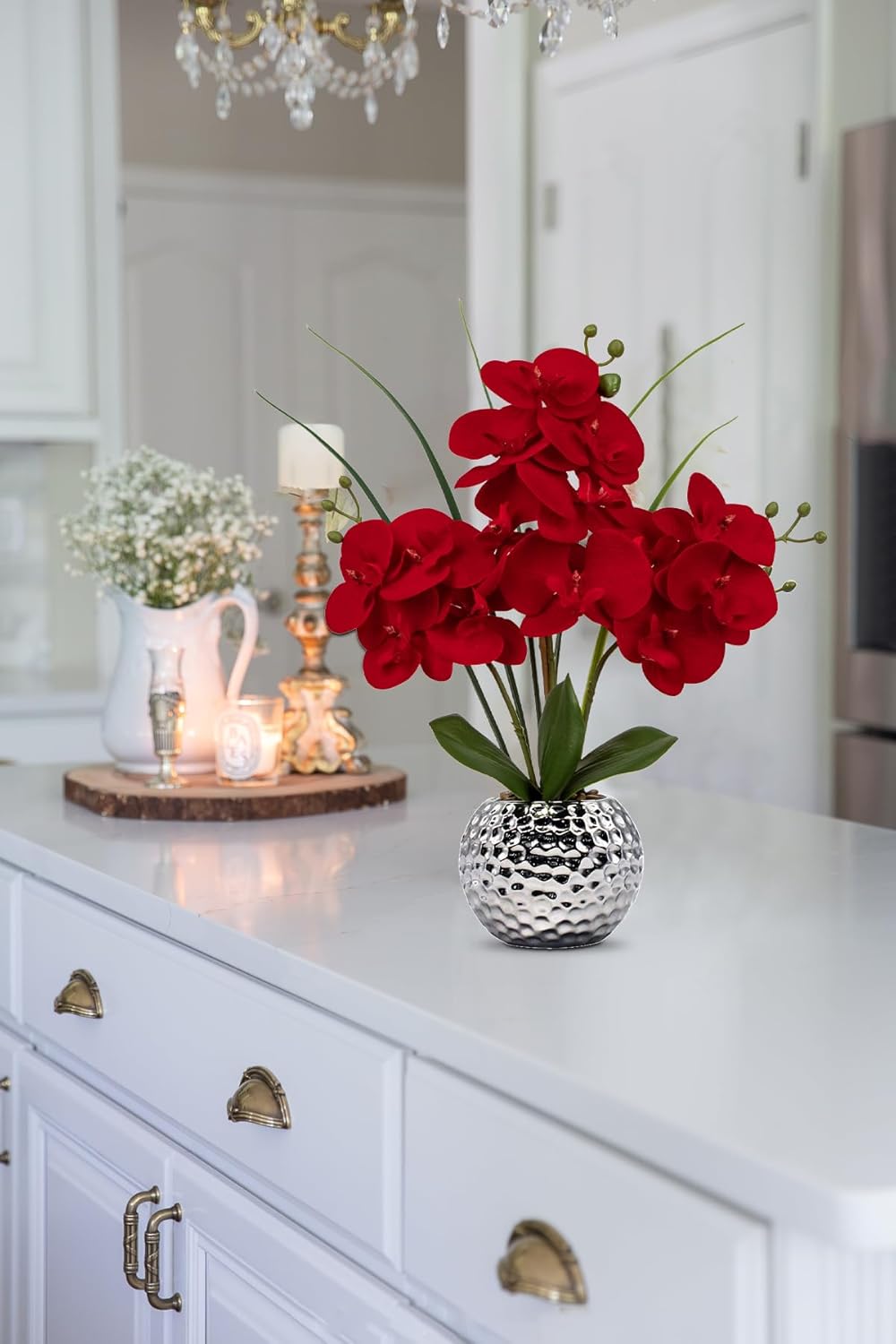 Briful Orchid Artificial Flowers 20'' Red Faux Orchid Flowers with Silver Vase Fake Phalaenopsis Silk Flowers for Home Office Dinning Room Kitchen Table Centerpiece Decor - Image 4