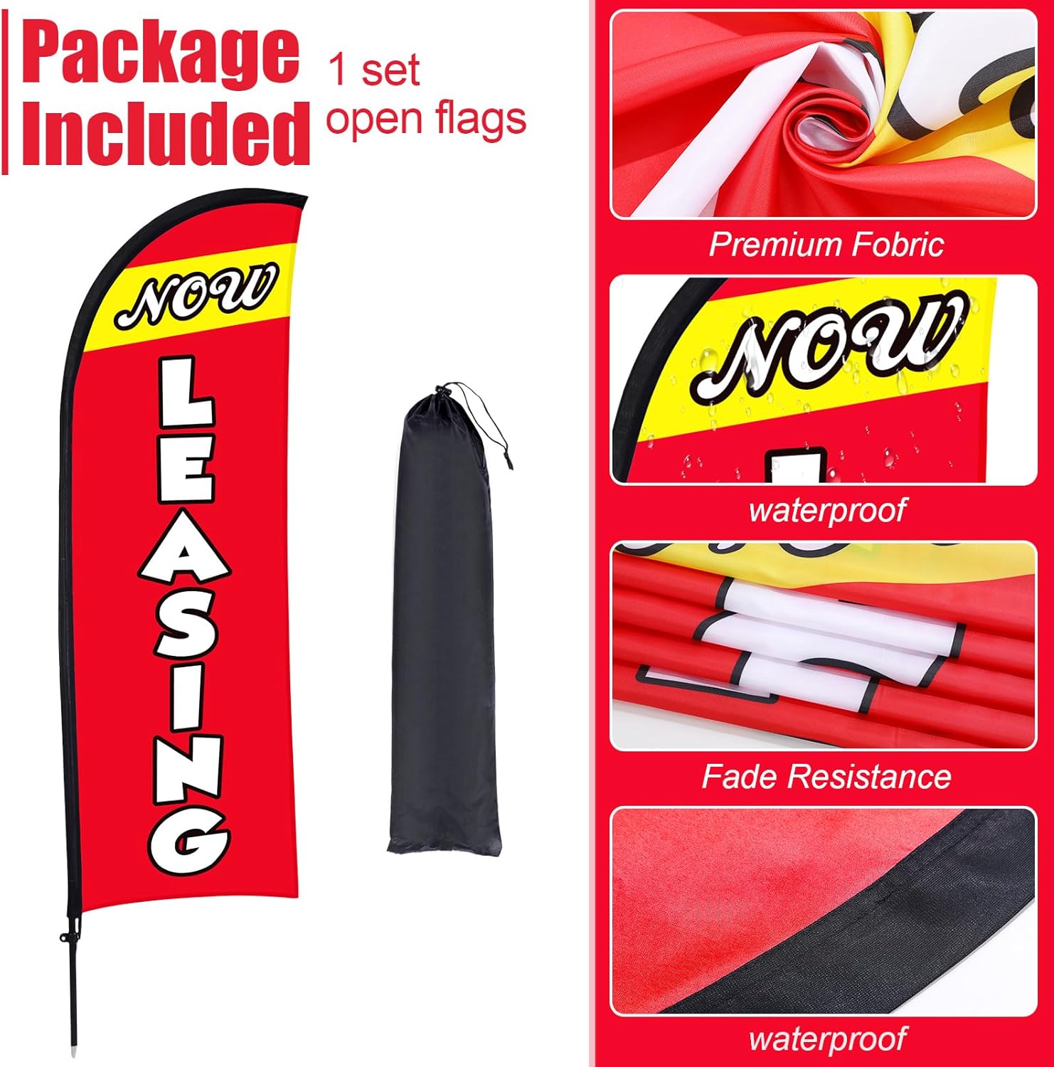 Buryeah 4 Set Now Leasing Sign Now Leasing Feather Flag Banner Pole Kit 3 Pack for Lease Double Sided Directional Arrows Sign with Metal Stakes for Estate Flags Business Advertising Outside(Red)