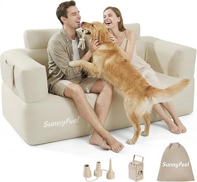 SUNNYFEEL Inflatable Couch with Built-in Pump - 2-3 Person Loveseat Sofa | Heavy Duty Blow Up Sofa for Camping, Backyard, Glamping or Home Use Portable Inflatable Furniture for Beach, Festivals