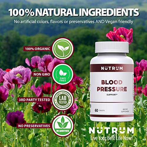 Nutrum Blood Pressure Support, Vegan Dietary Supplement for Normal Heart and Circulatory Health, Natural Herbal Wellness Formula with Olive Leaf, Grape Seed, and Garlic Bulb Extract, 60 Tablets
