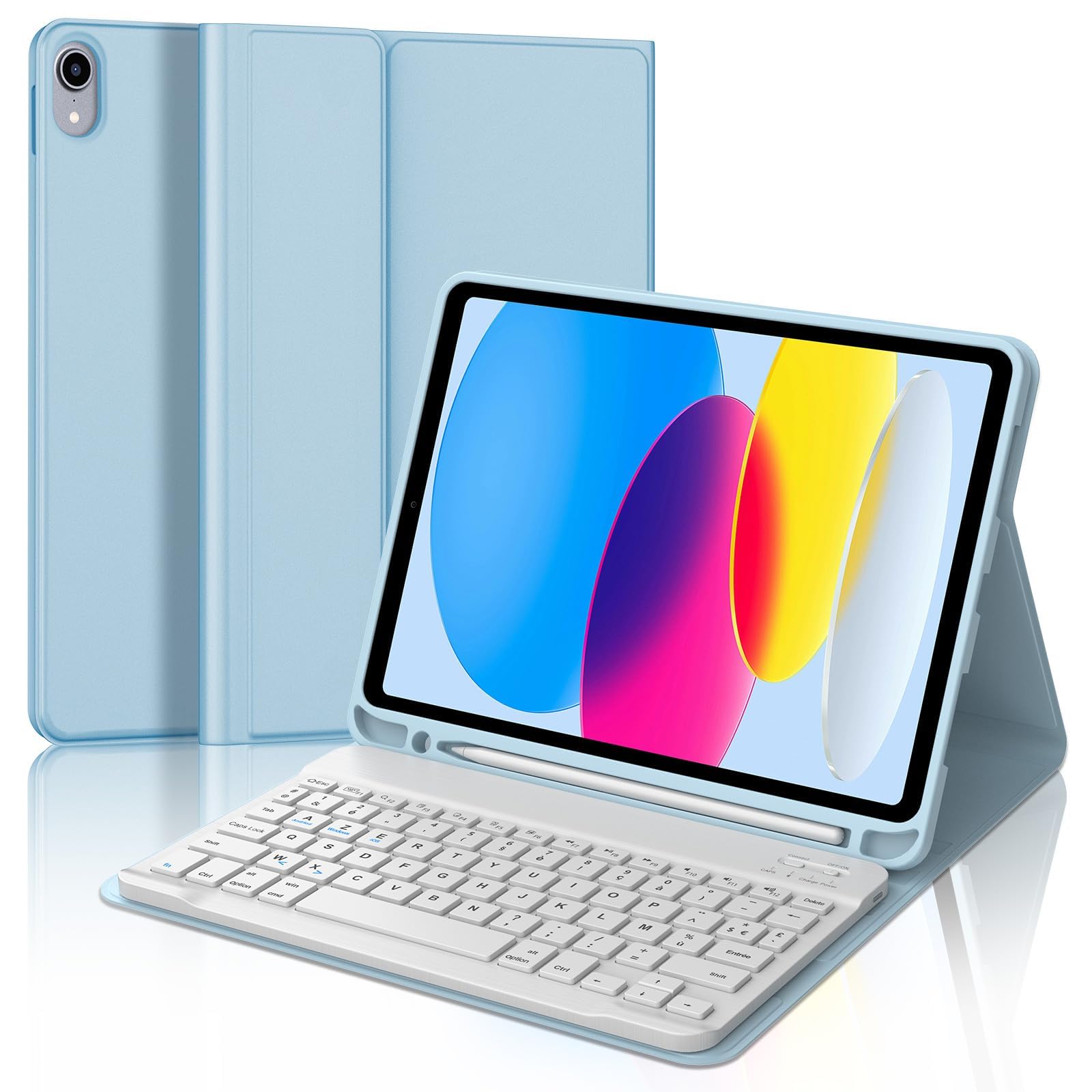 IVEOPPE Coque Clavier pour iPad A16 11/10ème Generation (11 Pouces 2025/10.9 Pouces 2022), Étui Keyboard AZERTY Layout sans Fil Bluetooth avec Porte Crayon, Bleu Azur