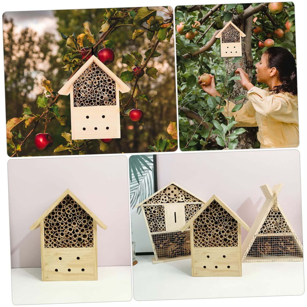 Casetta Insetti Impollinatori 2 Pezzi in Legno Stile Capanna | Khaki, Rifugio per Svernamento e Riproduzione, per Giardino e Uso Esterno