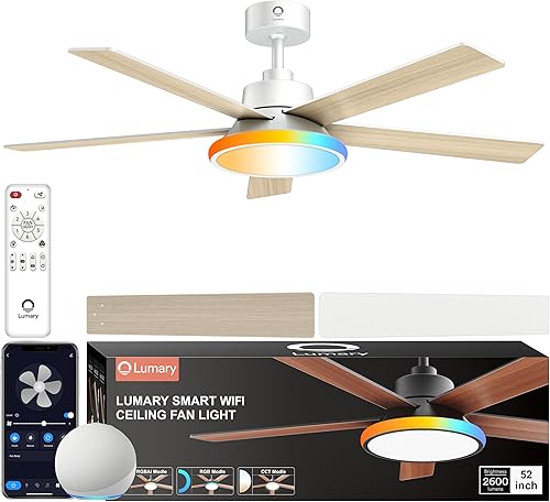 Lumary Ventilador de techo inteligente de 52 pulgadas con control remoto de luces RGBAI, RGB y temperatura de color continua, funciona con