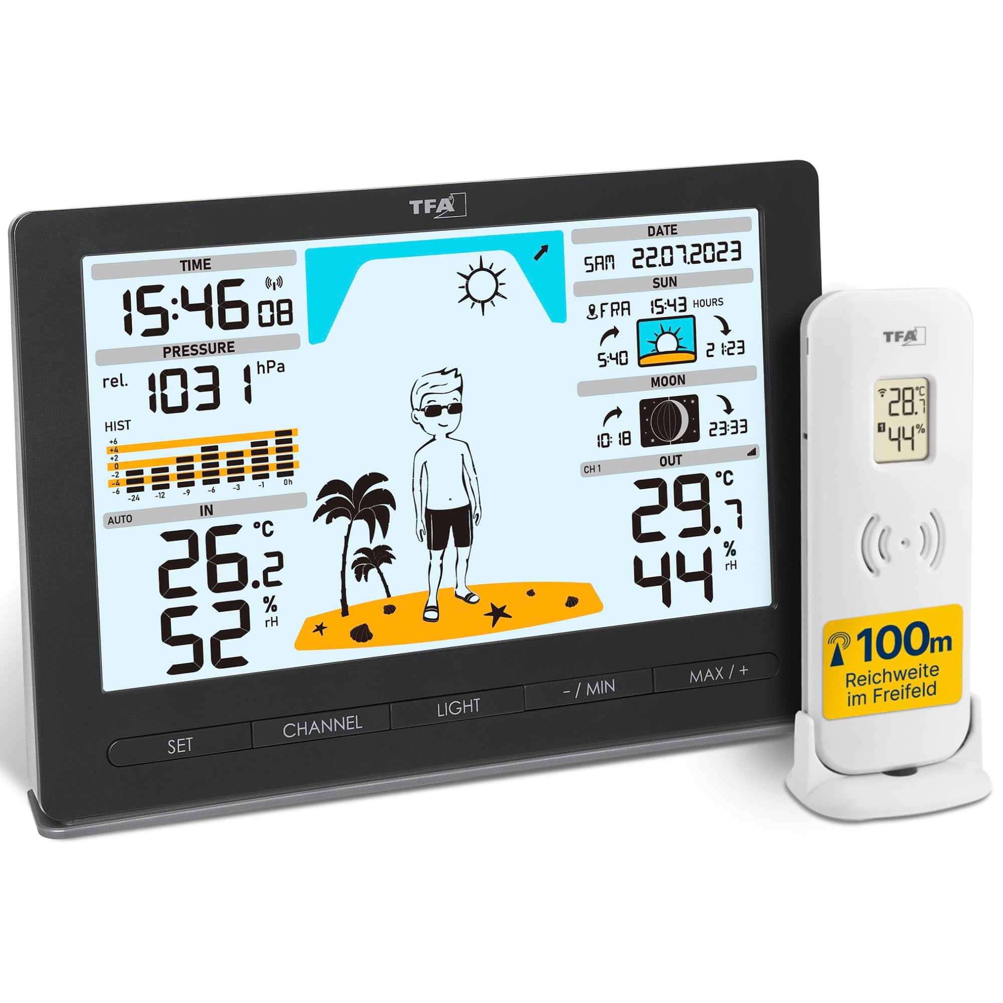 TFA Dostmann Funk Wetterstation METEO JACK, 35.1097.01, mit Außensensor, inkl Wettervorhersage mit Luftdruck, Mondphase, Sonnenaufgang- & -untergang, Funkuhr, Amazon Exklusiv, schwarz