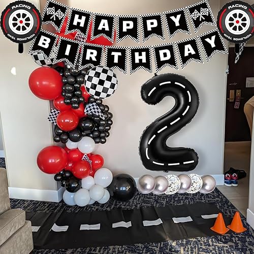 Miniatura 3 de Conjunto de Decoraciones para Fiesta de Cumpleaños de Carreras de Coches, con Globo de Pista de Carreras de 40 Pulgadas Negro Número 2, Bandera