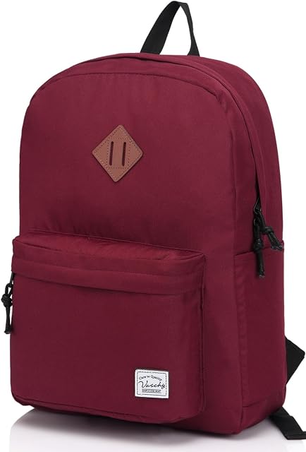VASCHY Backpack Women, Lightweight School Bag 20 Liters Basic School Backpack Casual Daypack Water Resistant Foldable Rucksack for Travel, Sports, Hiking with Two Bottle Pockets, Burgundy