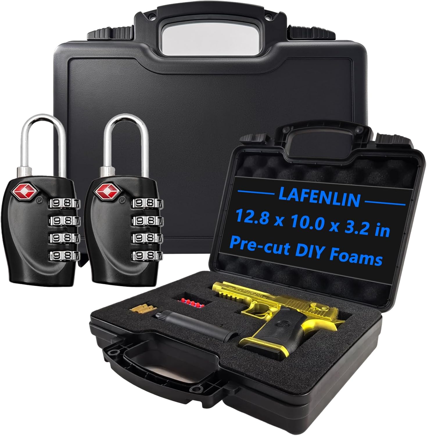 LAFENLIN TSA Approved Gun Case for Air Travel with Locks-Handgun Case Lockable ‎12.8 x 10 x 3.2 Inches, Water-Resistant Gun Carrying Case for Pistol, Plastic Hard Case with Foam‎