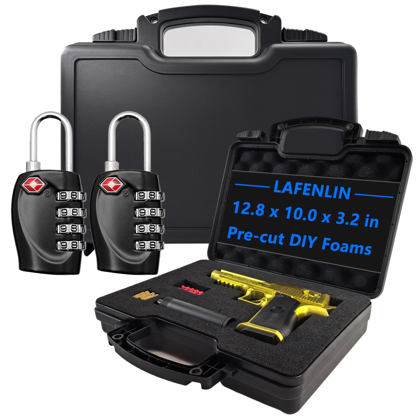 LAFENLIN TSA Approved Gun Case for Air Travel with Locks-Handgun Case Lockable ‎12.8 x 10 x 3.2 Inches, Water-Resistant Gun Carrying Case for Pistol, Plastic Hard Case with Foam‎