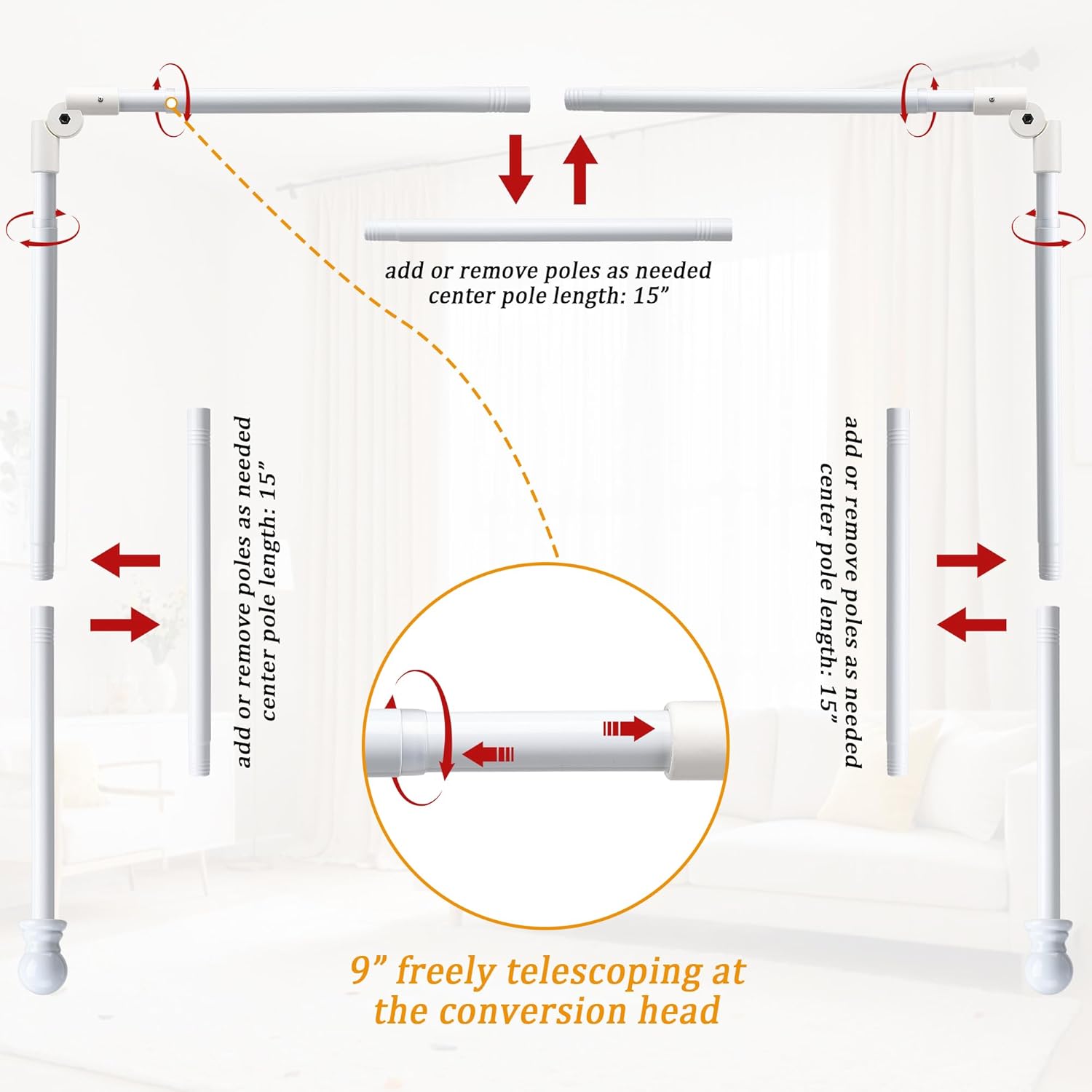 Bay Window Curtain Rods, U Shape Heavy Duty Curved Curtain Rods for Bay Windows with Brackets, 59-184" Adjustable for Bedroom, Living Room, Dinging Room, White, 2 Pack