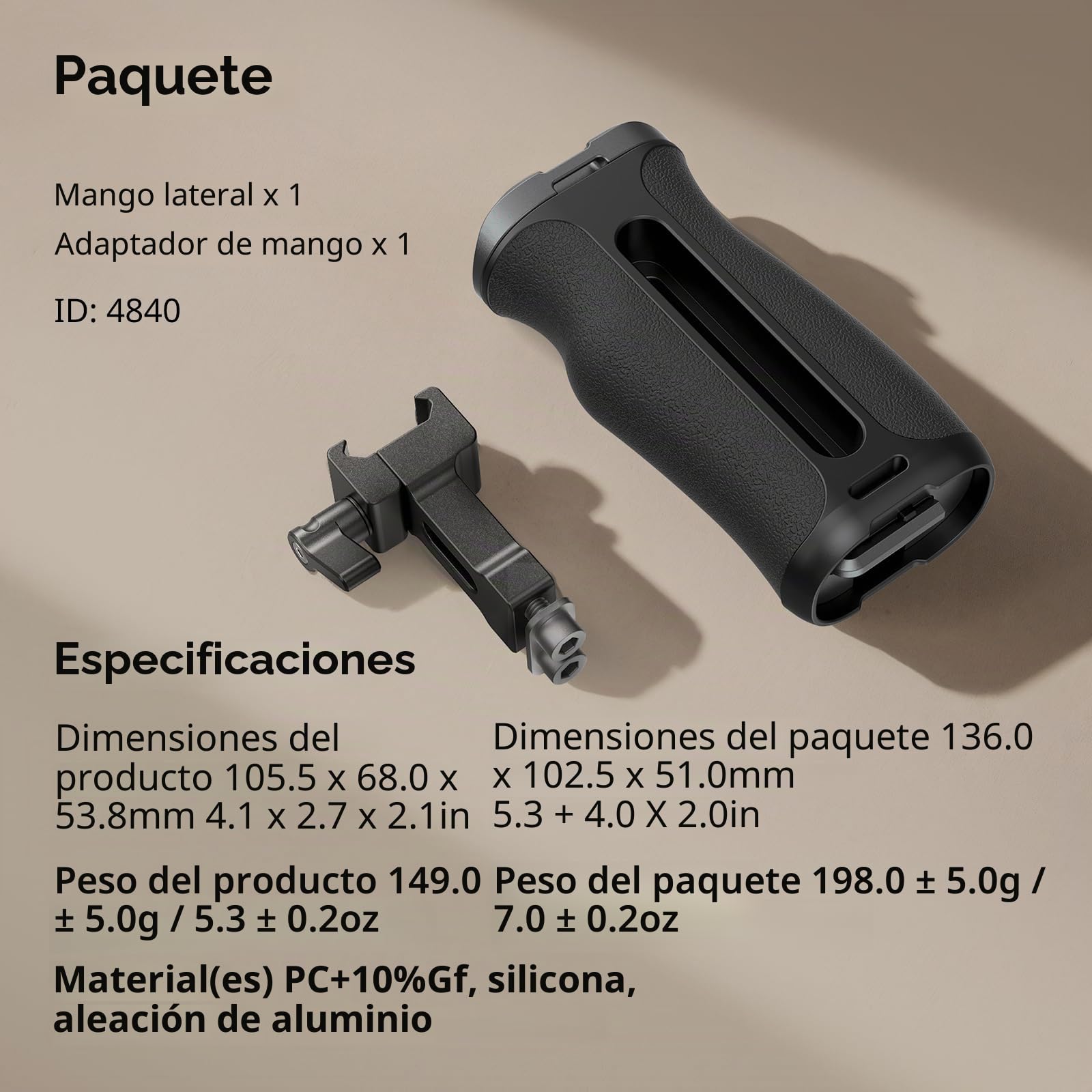 SMALLRIG Mango Lateral Pequeño NATO para Jaulas de Cámara, 43 mm Ajustable hacia Arriba y hacia Abajo, Orificio Roscado Integrado de 1/4"-20, Orificio para Correa, Zapata Fría - 4840