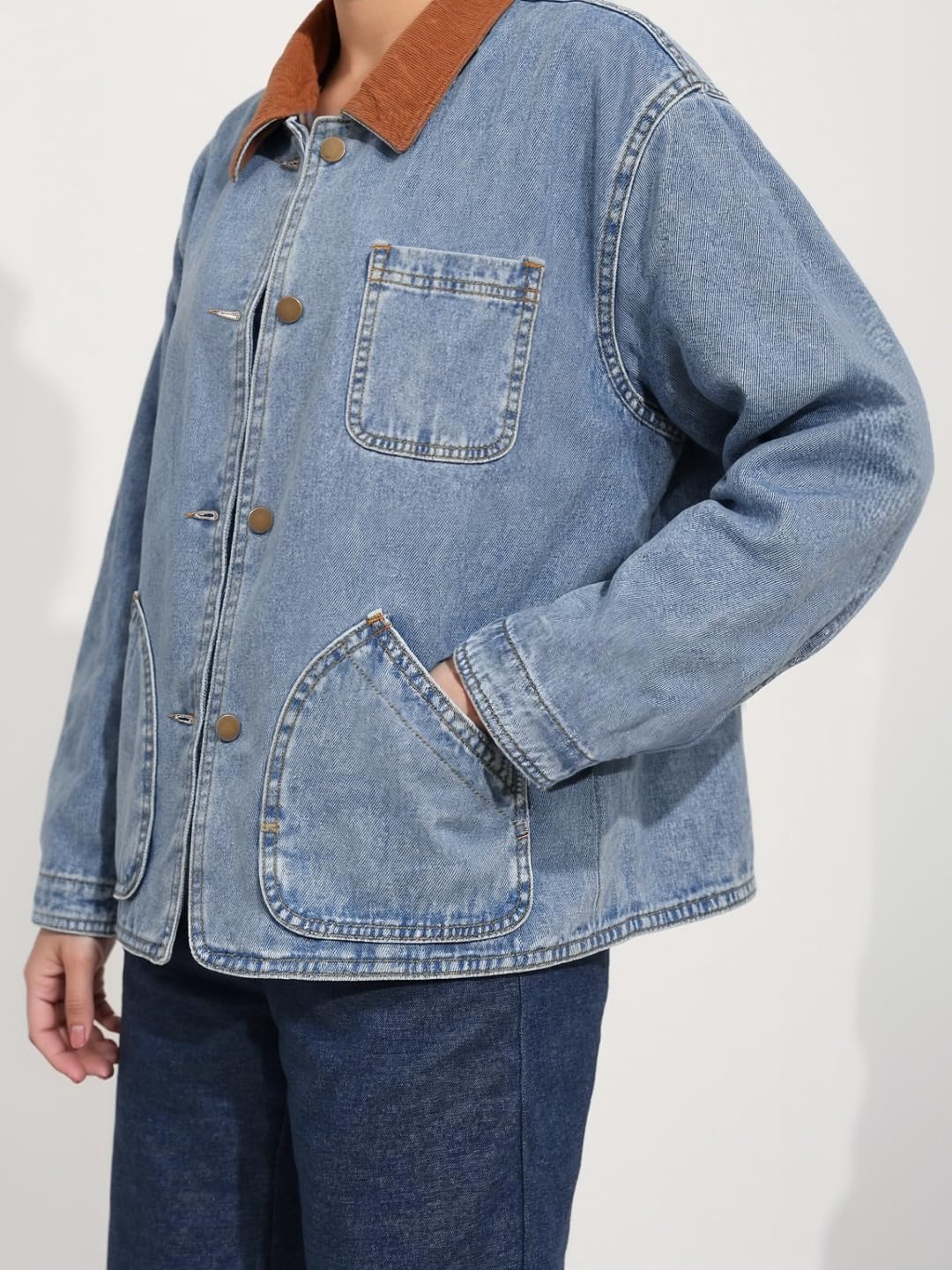 Womens Oversized Jeans Jacket Casual Long Sleeve Corduroy Collar Barn Boyfriend Trendy Denim Jacket Coat with Pockets