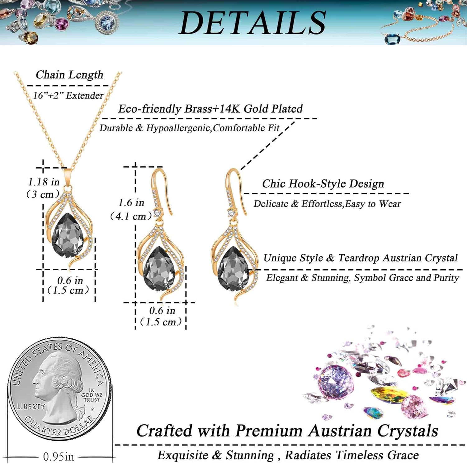 EVEVIC Austrian Crystals Teardrop Hollow Twisted Pendant Necklace Earrings for Women 14K Gold Plated Halo Drop Dangle Earrings Hypoallergenic Jewelry Set - Image 4