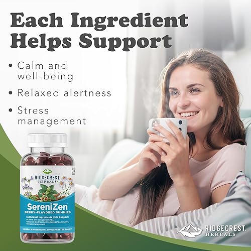 Miniatura 2 de RidgeCrest Herbals SereniZen - Gomitas con Ashwagandha, GABA, L-teanina, manzanilla y bálsamo de limón, apoya la relajación y la calma, el control
