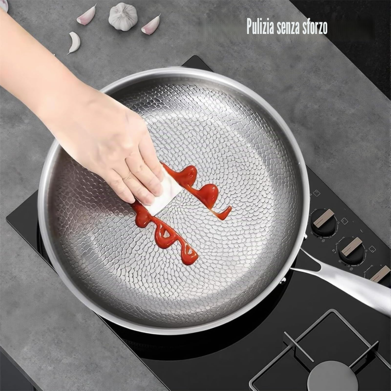 Siraats Titanium Pan Pro, padella martellata in titanio, multifunzione, ultra resistente, antigraffio, antiaderente, per fornelli a gas ed elettrici a induzione (con coperchio, 28 cm)