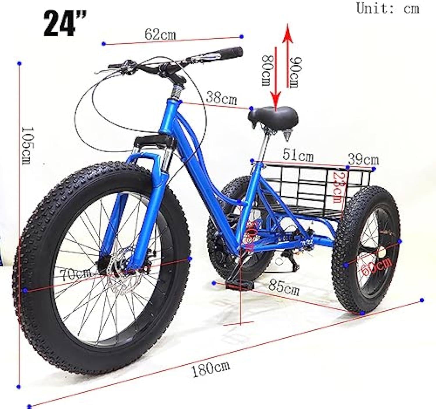 24-Zoll-Dreirad Für Erwachsene, Cruiser-Trike Mit 7 Gängen, All-Terrain-Dreirad Mit Dicken Reifen Und Großem Korb Für Senioren, Dreiräder Für Erwachsene, Zum Einkaufen Und Picknicken,Green