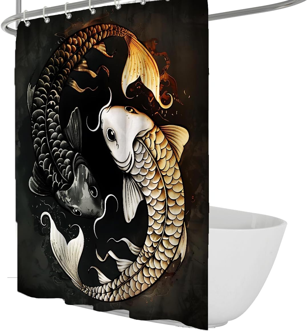 Japanese Koi Fish Shower Curtain for Bathroom Dark Feng Shui Design Fabric Bath Curtain Set with C-Shaped Hooks Extra Long Cloth Fabric 60 x 78 inch