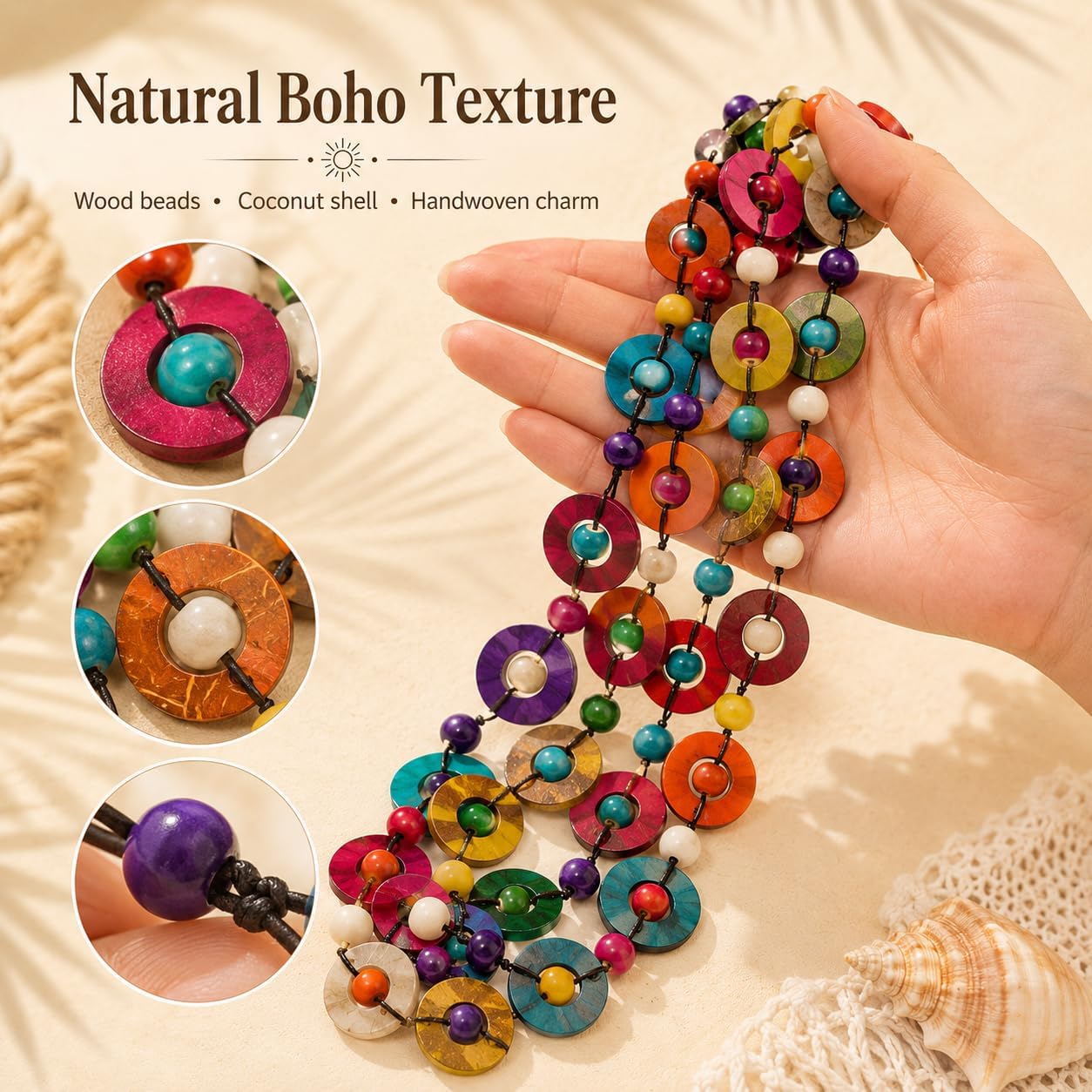 NUOBESTY Bohemian Necklace for Women, Wooden Bead Statement Jewelry Multicolor Long Layered Necklace with Coconut Shell Hand Knitted Boho Accessory for Beach Vacation & Festival Outfit