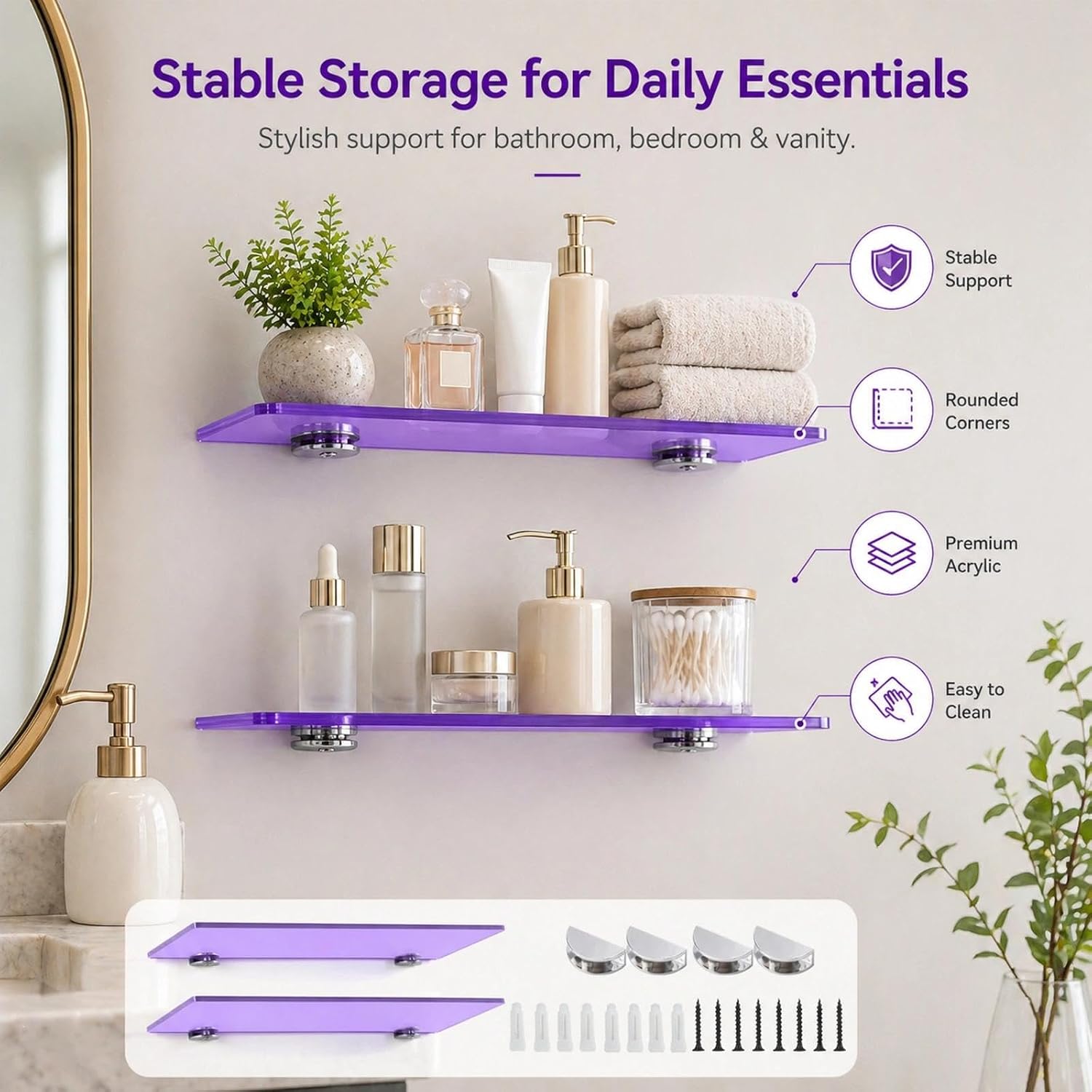 iobiotio Small Floating Shelves, 15'' Shelves for Wall, Decorative Floating Shelves for Home Office, Wall Mounted Rack, Purple, 2 Pcs