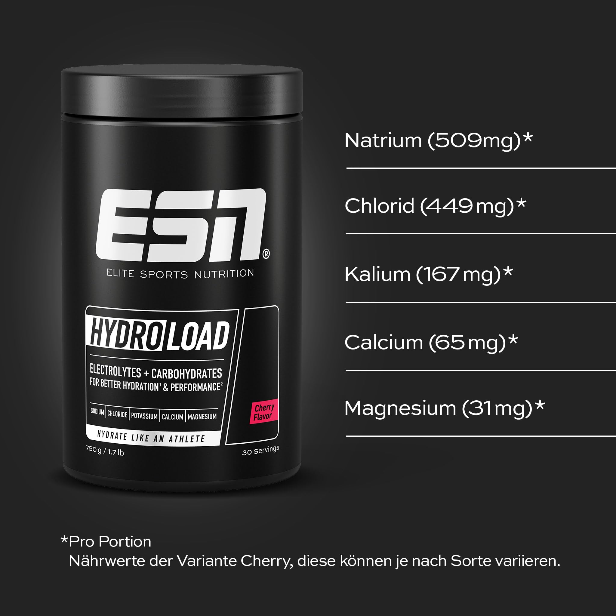 ESN Hydroload Electrolytes, 750 g, 30 Portionen, Cherry | Kohlenhydrat-Elektrolyt-Lösung für verbesserte Wasseraufnahme, vegan - made in Germany