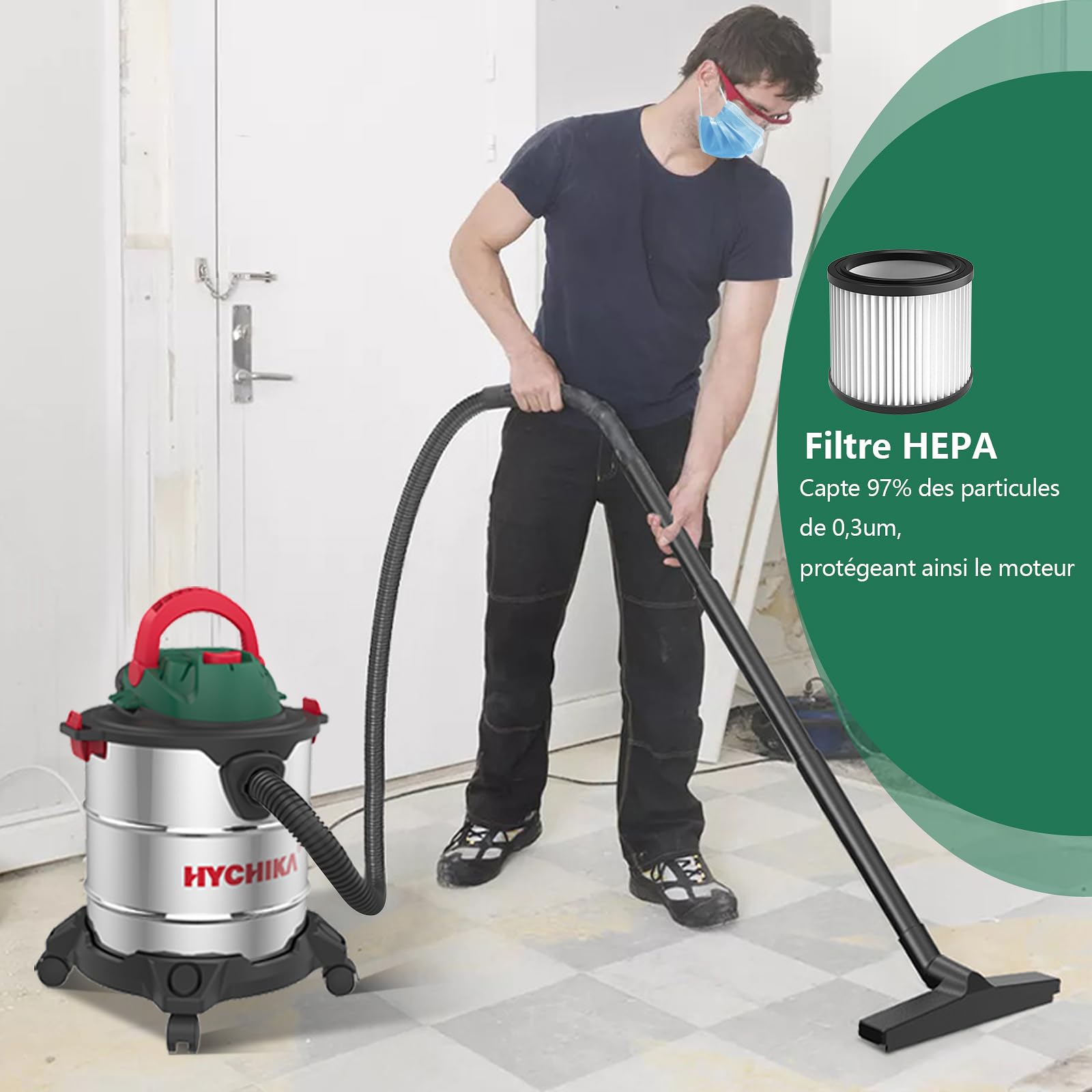 HYCHIKA 1200W Aspirateur Eau et Poussiere, Réservoir en Acier Inoxydable de 20 litres, avec Filtre HEPA et Accessoires, idéal pour la Maison, l'atelier, Le Garage et la Voiture