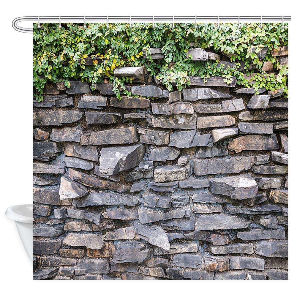 JOOCAR Design Shower Curtain, Stone Brick Wall Ivy Green Leaves Climbing on Rustic Marble Rocks Stone Wall, Waterproof Cloth Fabric Bathroom Decor Set with Hooks