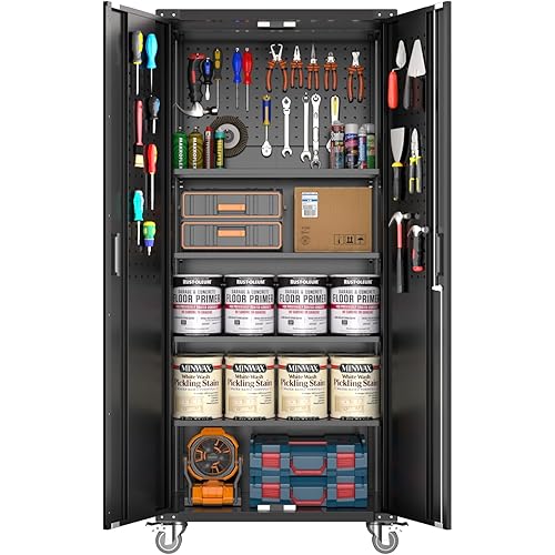 Garage Storage Cabinet 72" Locking w/Wheels & Pegboard | Heavy-Duty Steel w/ 4 Adjustable Shelves | Workshop Home Office Organizer, Black