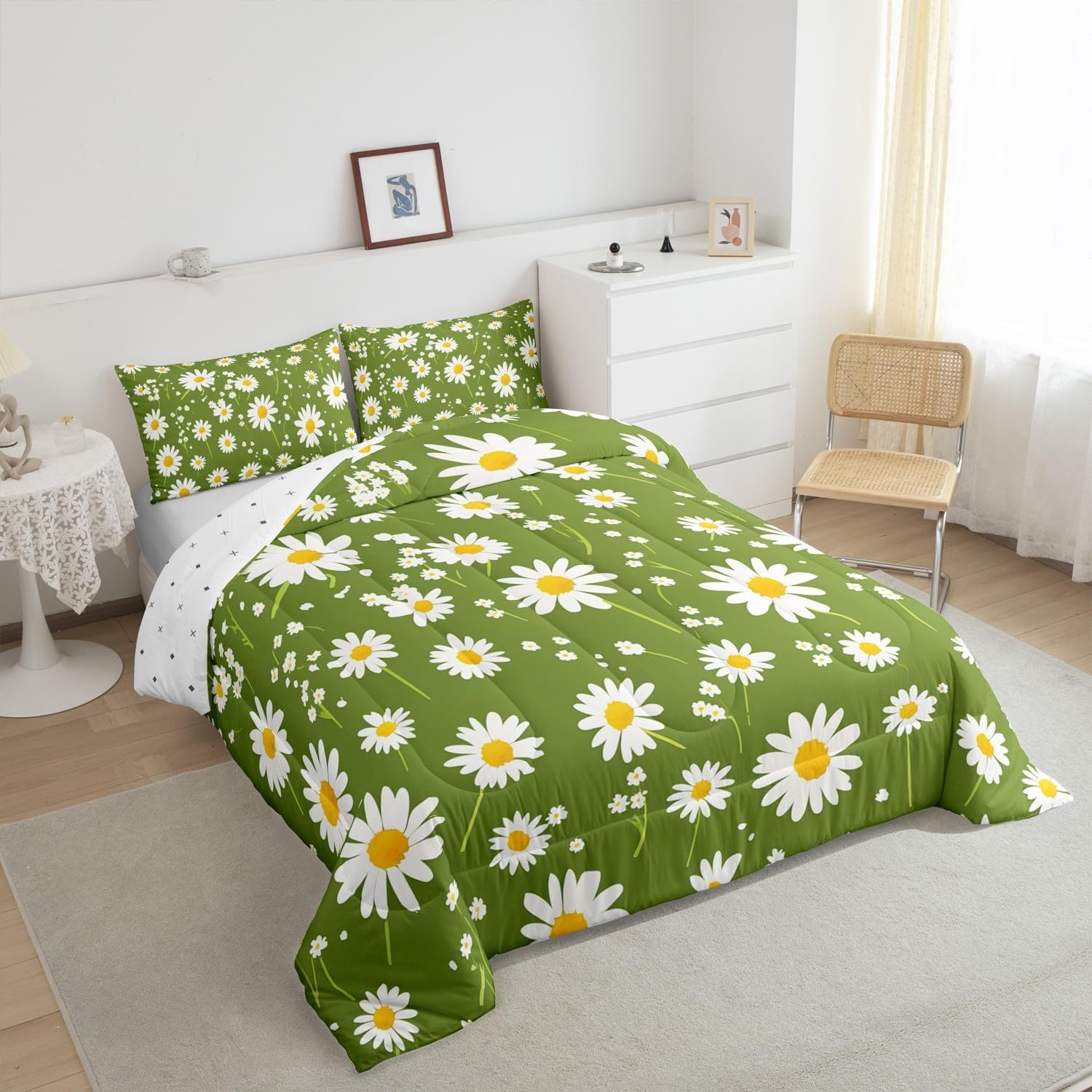 Feelyou Blossom Bedding Set Twin Size Daisy Comforter Set for Kids Boys Girls Decor Botanical Floral Comforter Microfiber Garden Theme Duvet Set Bedroom Natural Quilt Set
