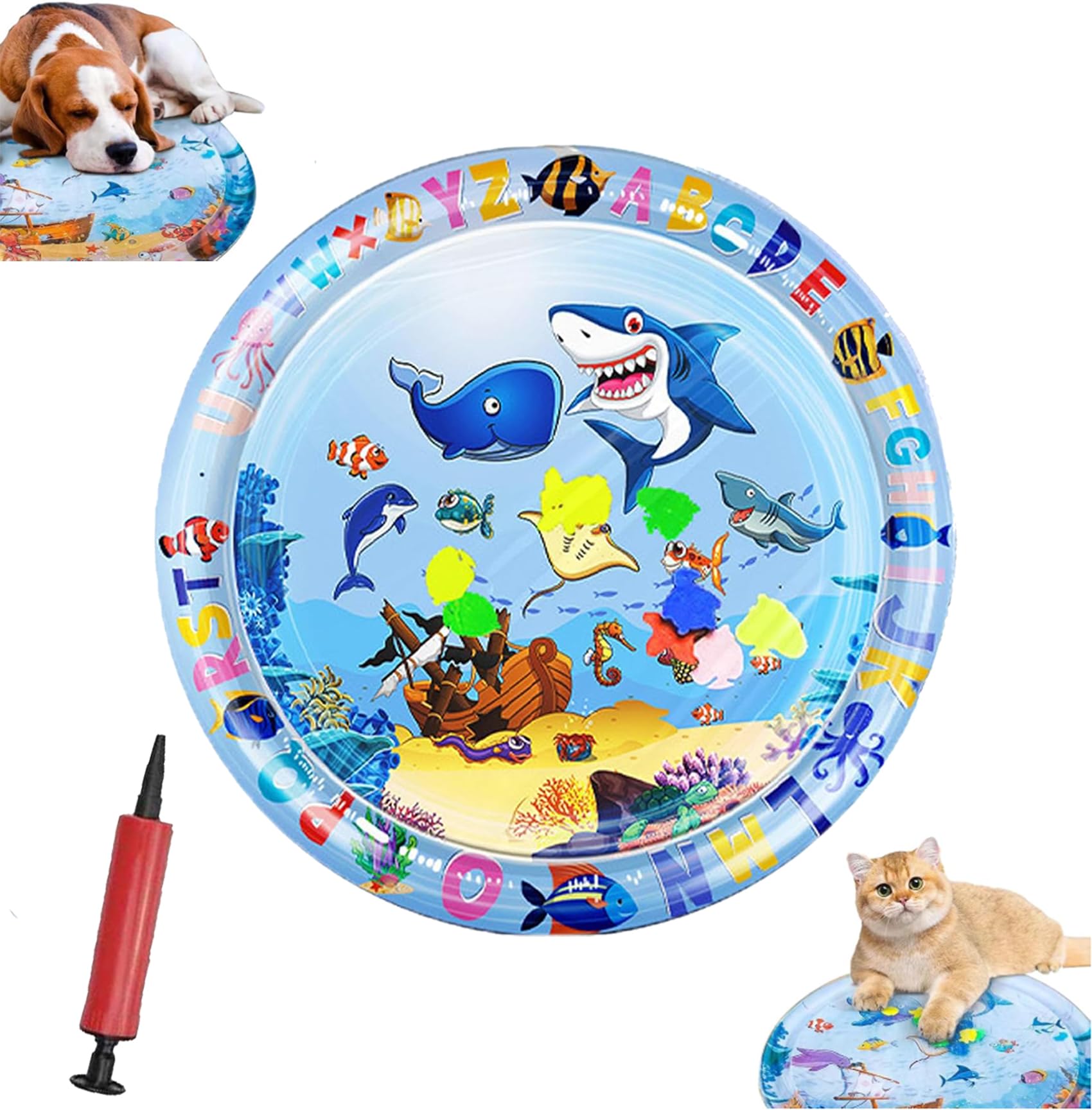 Pet Water Bed, Thickened Water Sensory Play Mat for Cats Dog, Pet Bed for Dogs, Washable Inflatable Playmat, Summer Cooling Sensory Play Pad with Inflator, Anti-Scratch (Large round-B) — image 1