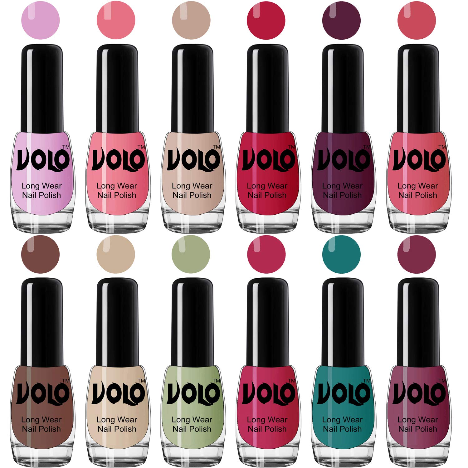 Volo True Wear High Gloss Impresso Nail Polish Sets of 12 Nail Paints(Purple, Pink, Nude, Corals, Wine, Pink, Nude, Nude, Mint, Pink, Green, Pink) 60 ML