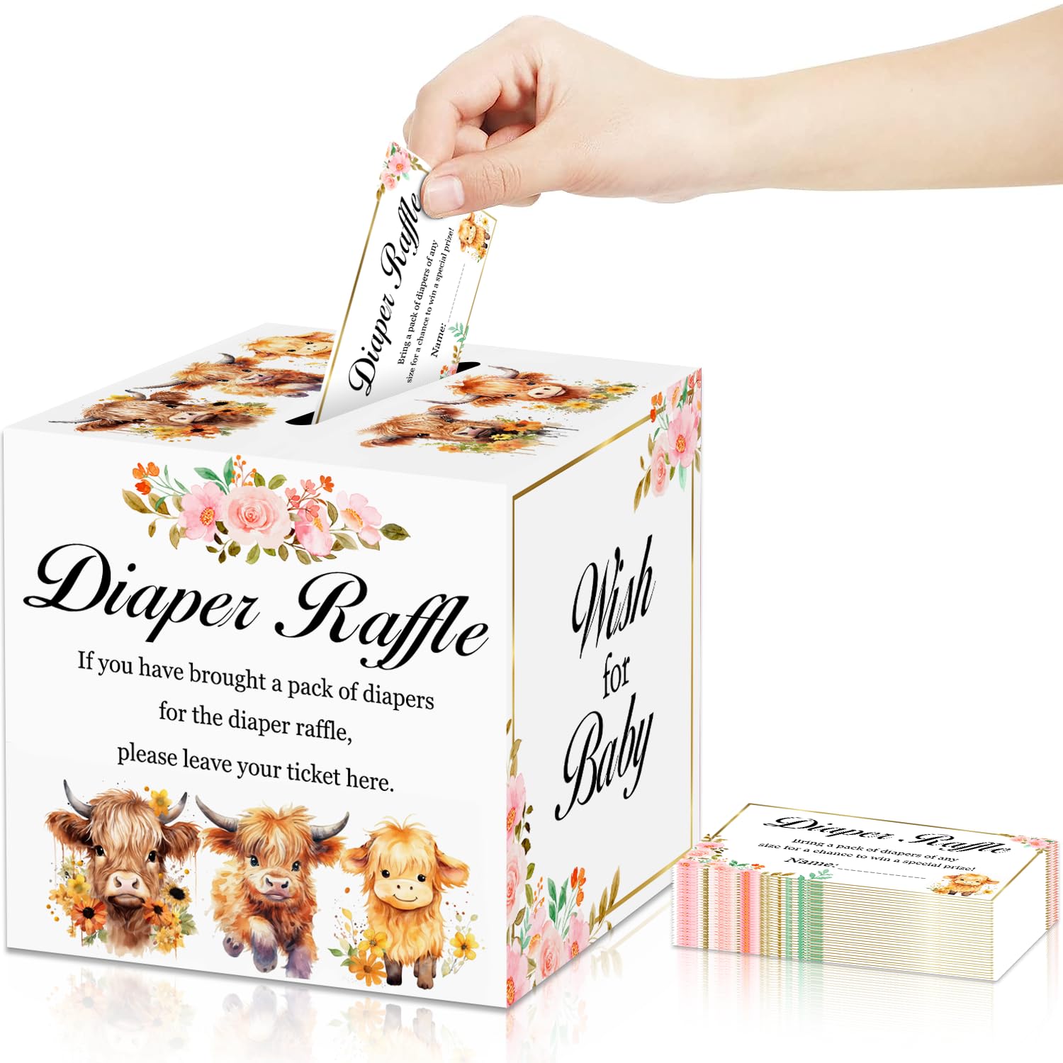 Yingoto 51pcs Highland Cow Baby Shower Decorations, Diaper Raffle Tickets for Baby Shower with Box, Bring a Pack of Diapers to Win Prize Game