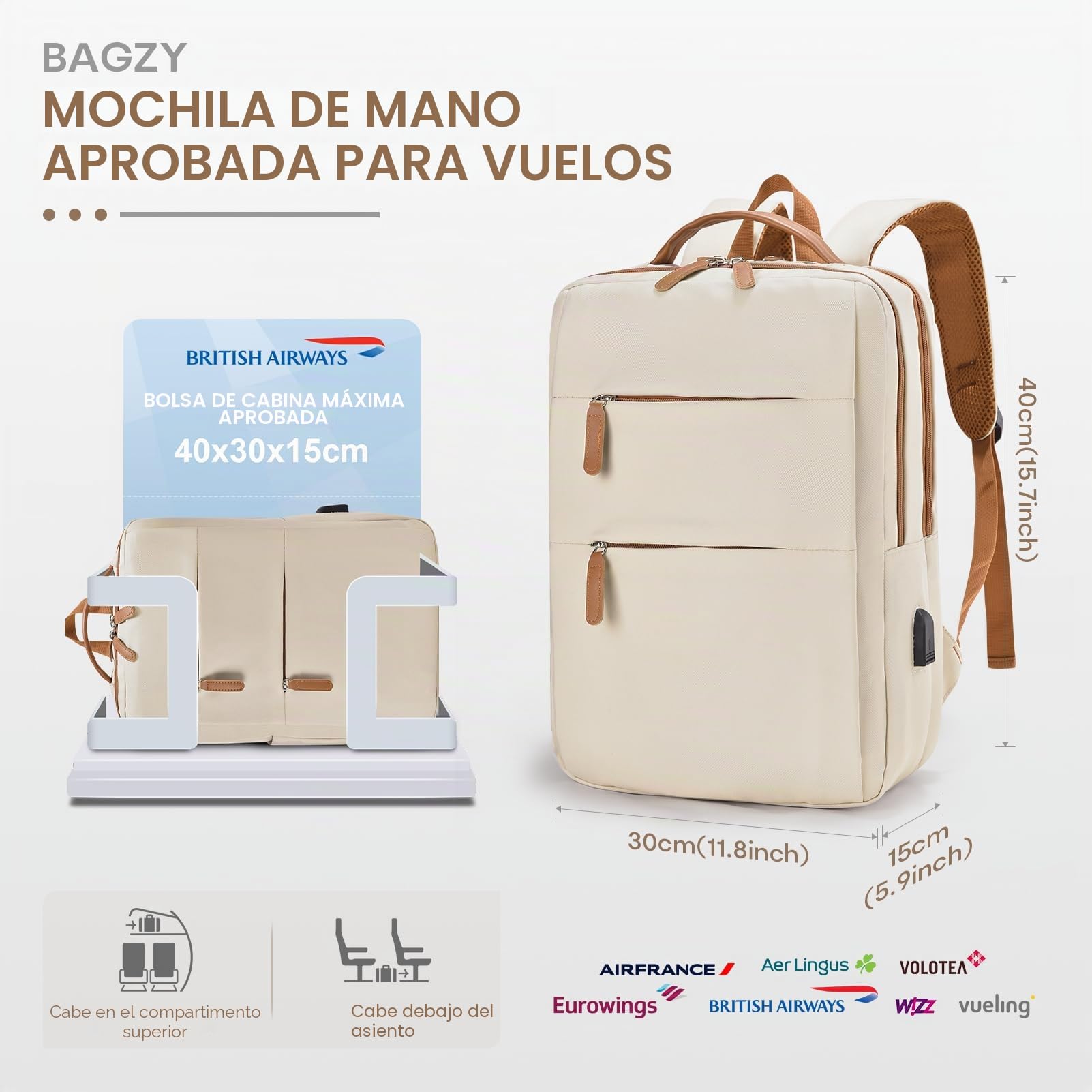 BAGZY 40x30x15cm Mochila Avion Air France British Airways Equipaje de Mano 20L Mochila Viaje para Avion Vacio Mochilas Impermeable Hombre Mujer Trabajo Maleta Mochilas para Ordenador Portátil Negro
