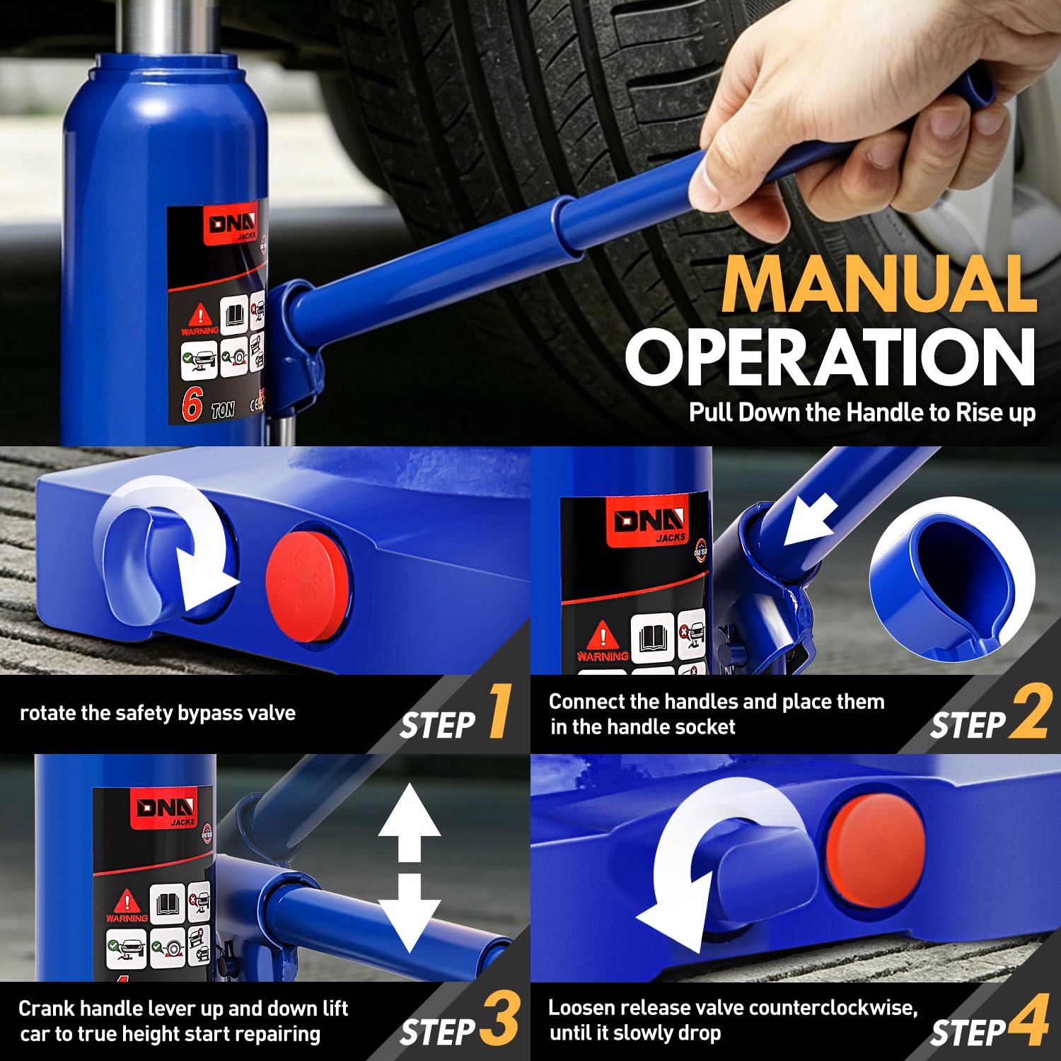 DNA MOTORING Gato hidráulico Soldado automotriz de 6 toneladas/600.0 kg para reparación de vehículos, camionetas, Camiones, con Mango Manual, Azul, TOOLS-00356