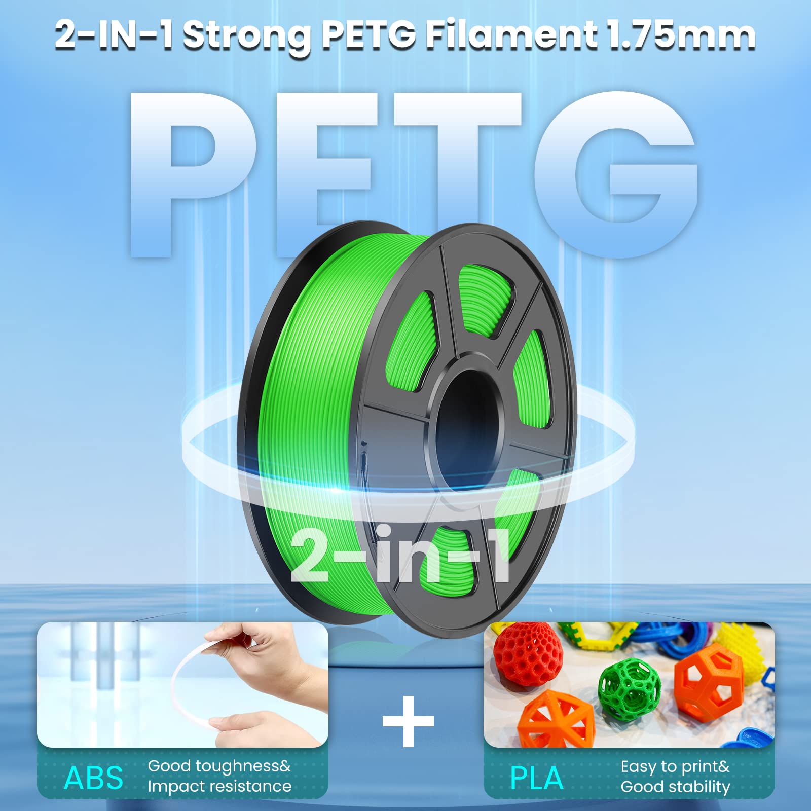 SUNLU PETG 3D Printer Filament, 3D Printing PETG Filament 1.75 mm, Strong 3D Filament, 1KG Spool (2.2lbs), Green