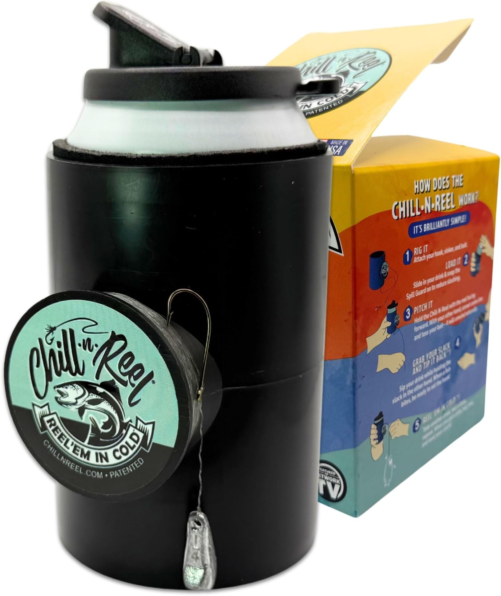 Made in USA | Fishing Can Cooler from Shark Tank | Hard Shell Drink Holder with Hand Line Reel | Fits Most Can Sleeves or Coozies | Unique Fishing Gift for Men | Retail Box Packaging | Black