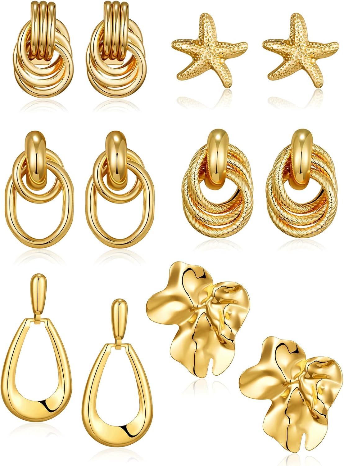 AIDSOTOU 6 Pairs Chunky Gold Earrings For Women Trendy Statement Gold Plated Flower Shell knot Dangle Earrings Lightweight Hypoallergenic Fashion Jewelry Set