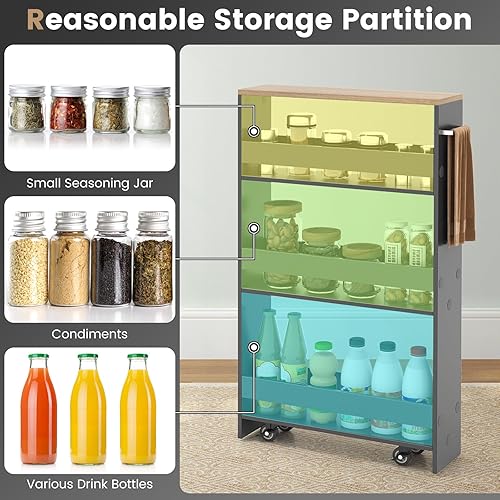 Miniatura 4 de COSTWAY Carrito de almacenamiento delgado con ruedas, carrito utilitario rodante de 4 niveles, carrito de almacenamiento de cocina de madera con asa