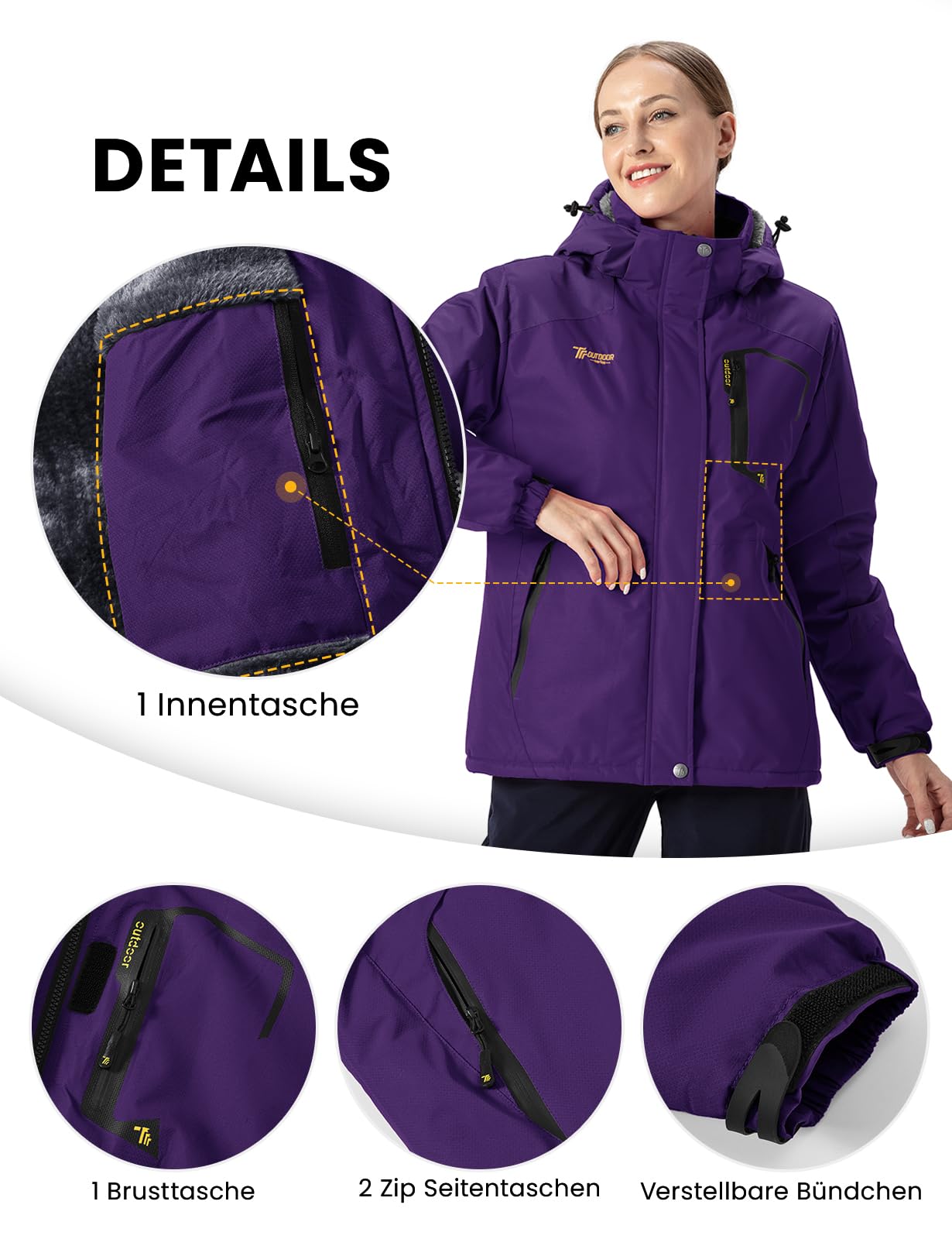 donhobo Damen Jacken Fleecejacke Winterjacke Wasserdicht Atmungsaktiv Verdickt Warm Winddicht Softshelljacke Outdoor Funktionsjacke mit Abnehmbare Kapuzen
