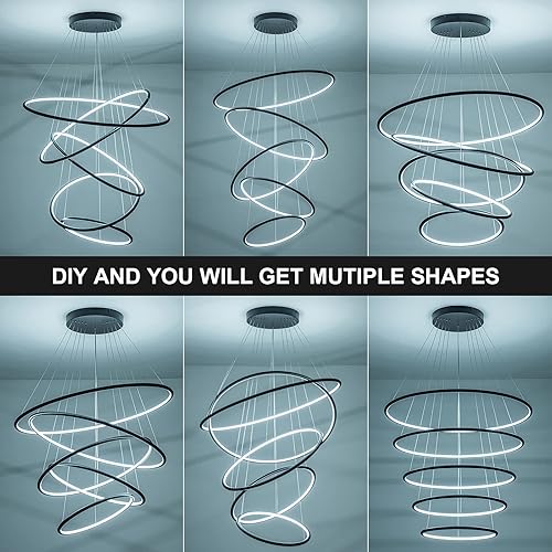 Miniatura 3 de MADEM Moderno candelabro LED de 5 anillas, lámpara colgante de techo contemporáneo para escaleras, vestíbulos de escaleras, sala de estar de techo