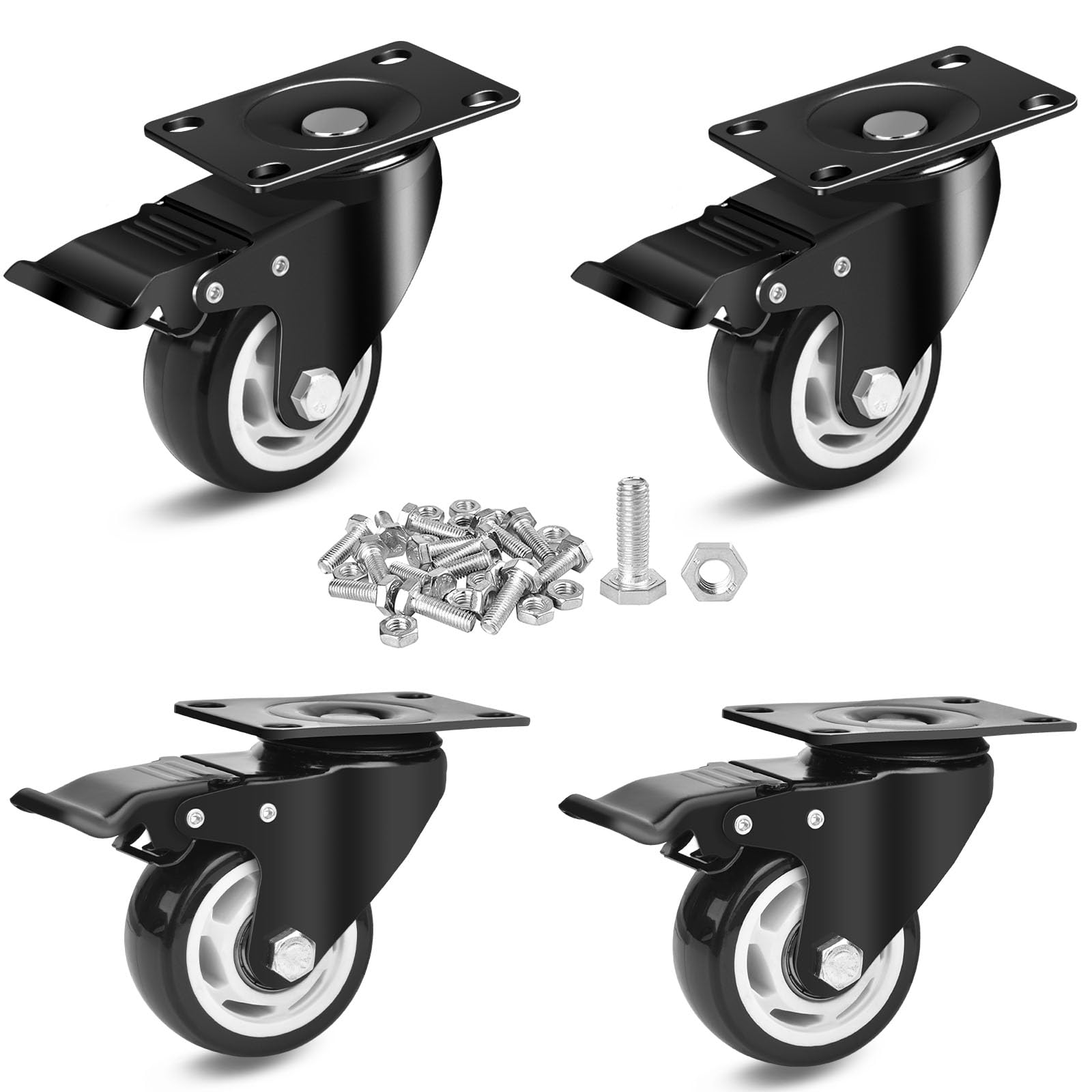 3 Inch Caster Wheels, Swivel Casters Set of 4 Heavy Duty with Brake 1600 LBS, Ball Bearing 360 Degree Top Swivel Plate Casters, No Noise Polyurethane (PU) Castor Wheels for Furniture Cart Workbench
