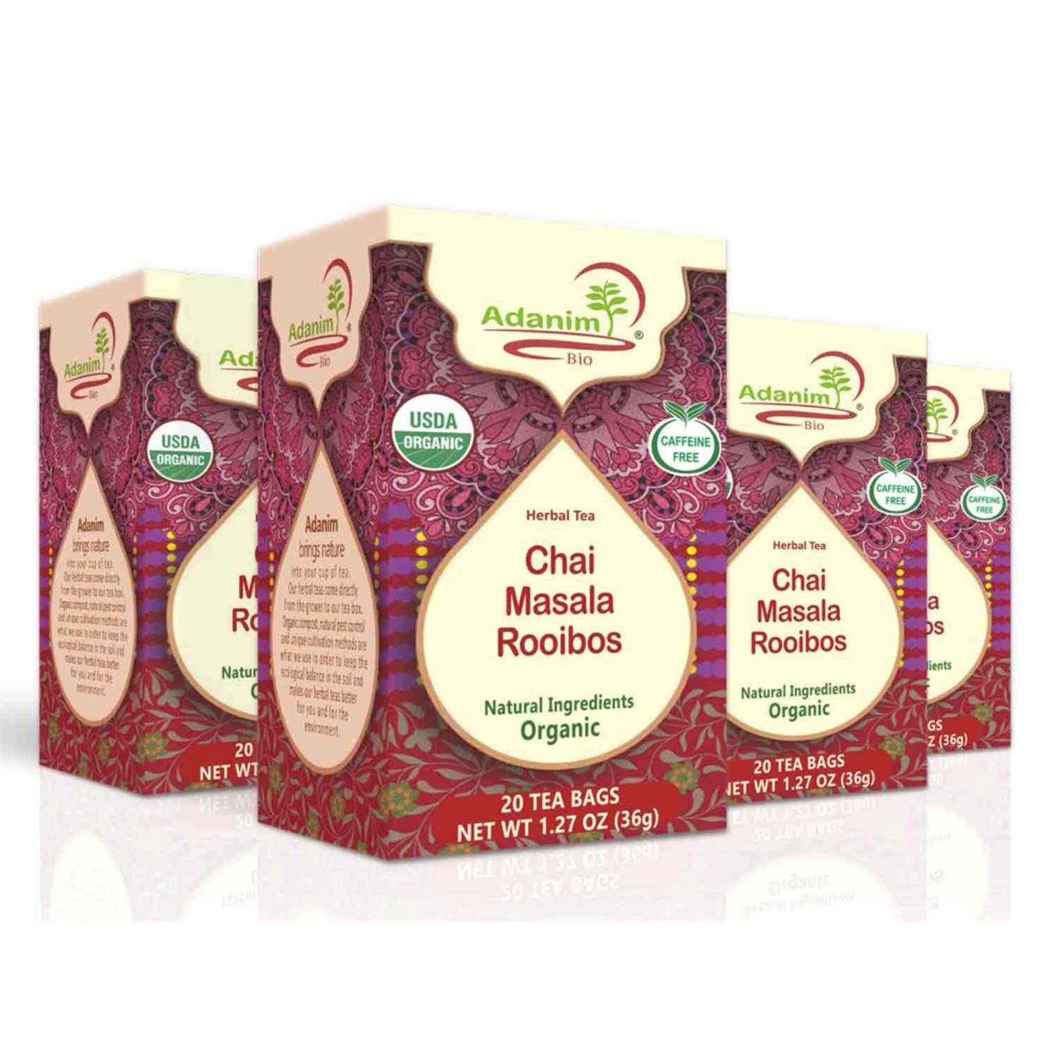 ADANIM BIO Rooibos & Masala CHAI Tea Bags - Organic Indian Tea Style with Bombay Herbal Spice Blend (Pack of 4, 80 Total) Spiced with India chai Mix, Herbal chai Tea, Non-GMO