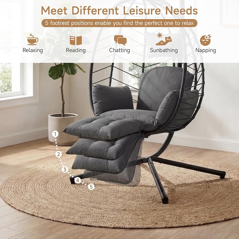 ComfyCorner Egg Chair Outdoor, Wicker Hammock Chair with Footrest, Grey image 5