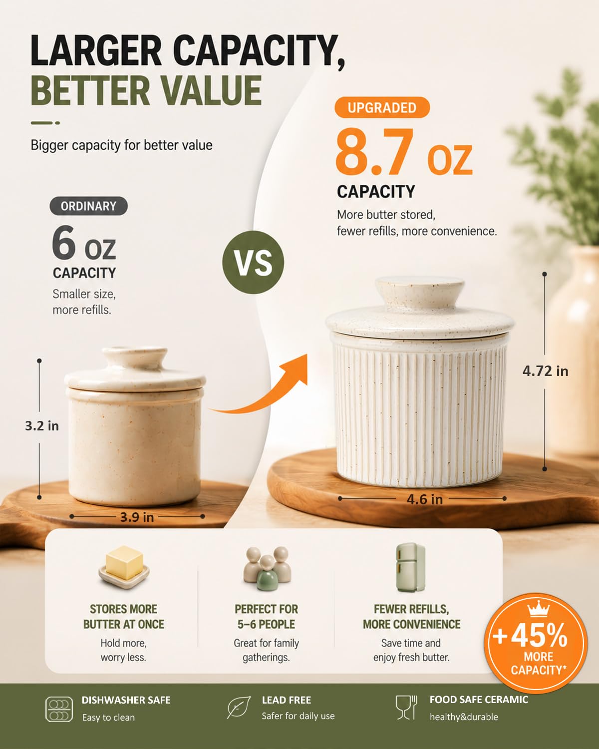 HOME DECOR Beurrier à eau céramique,grande capacité 250 g- Crème mouchetée | joint d'eau, capacité de 250 g / 260 ml, céramique à émail réactif, motif rayé, idéal pour les familles nombreuses.