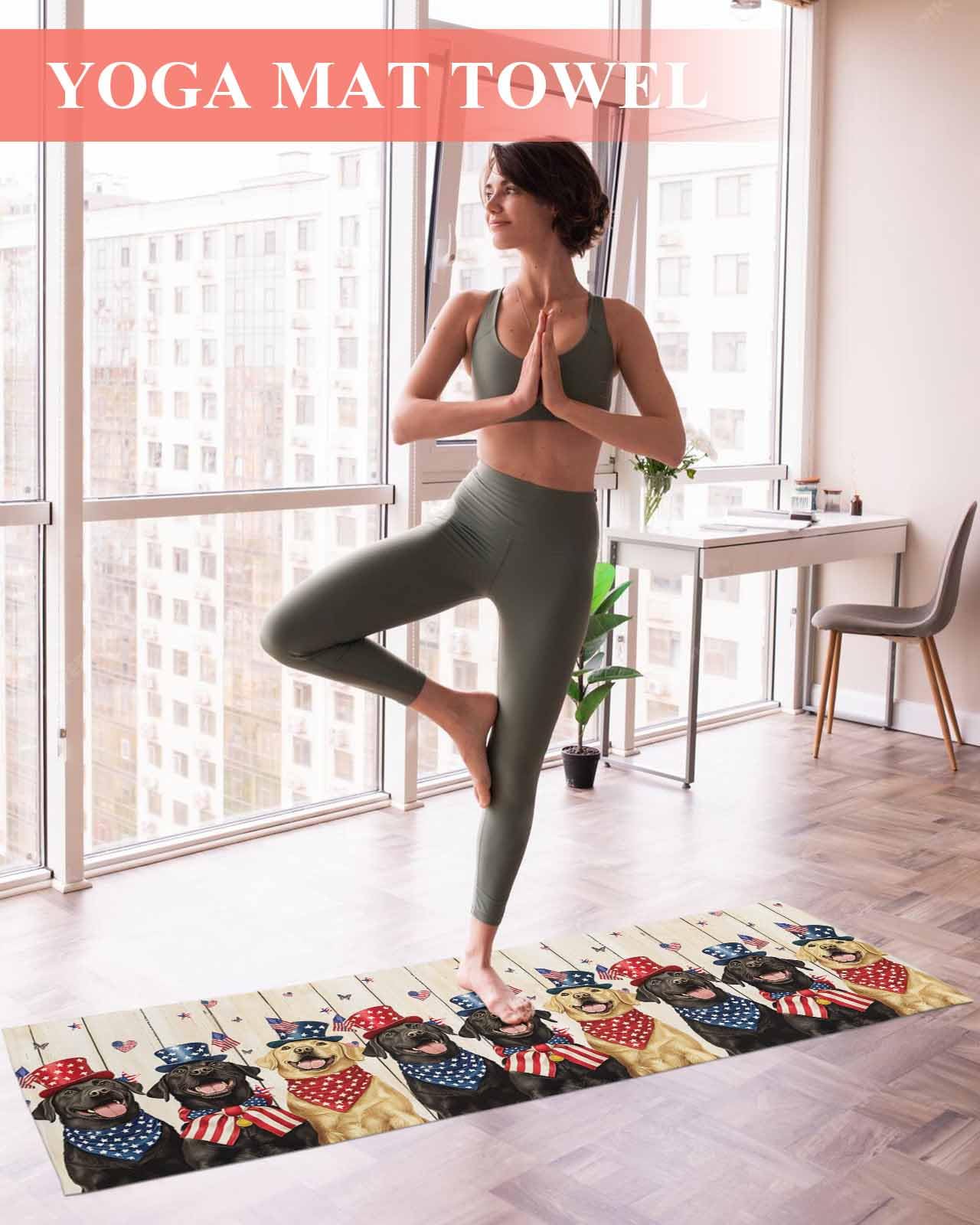BOSIJOY Yoga Mat Towel,Patriotic Dogs on Wood Non Slip Sweat Absorbent Hot Yoga Towels with Corner Pockets,Independence Day Star Heart USA Flag Soft Microfiber Towel for Pilates Bikram 70