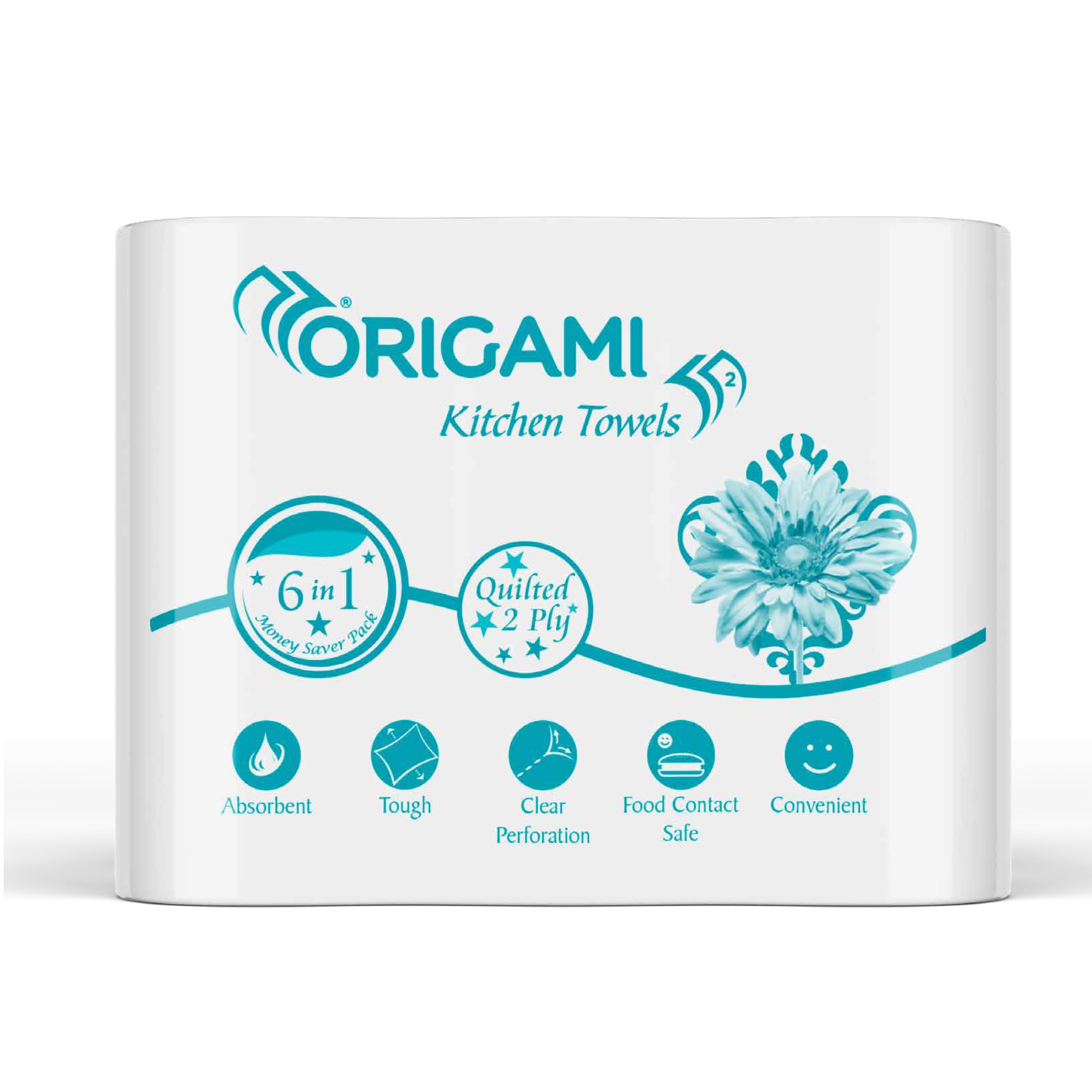 Origami 2 Ply 6 in 1 Kitchen Tissue Paper Roll | Tough, Super Absorbent & Food Safe Tissues for Spotless Cleaning | Idea