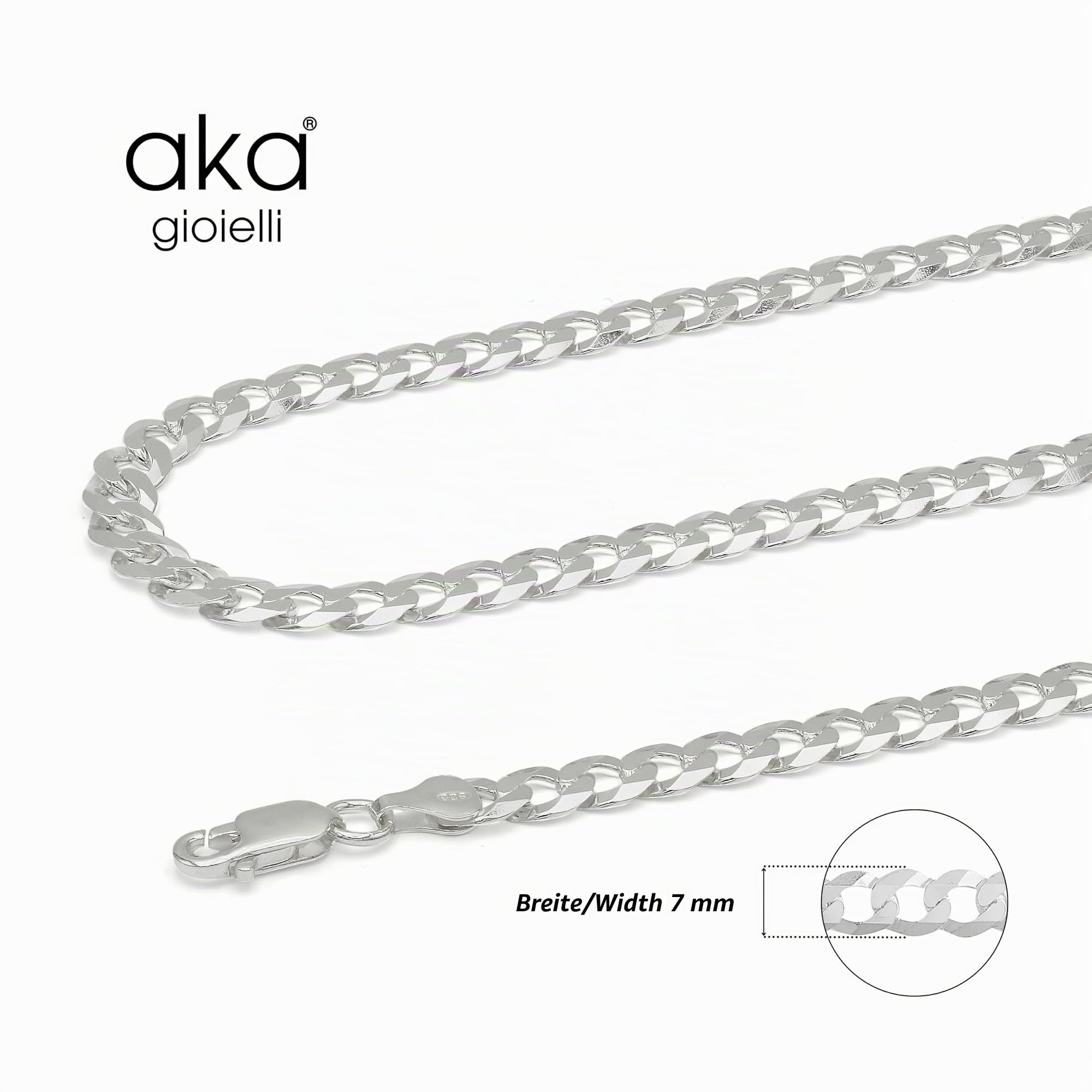 AKA Gioielli® - Panzerkette 7mm 925 Sterling Silber - Echt Silberkette, Halskette für Herren und Damen - Längen: 45, 50, 55, 60, 65, 75 cm - Made in Italy