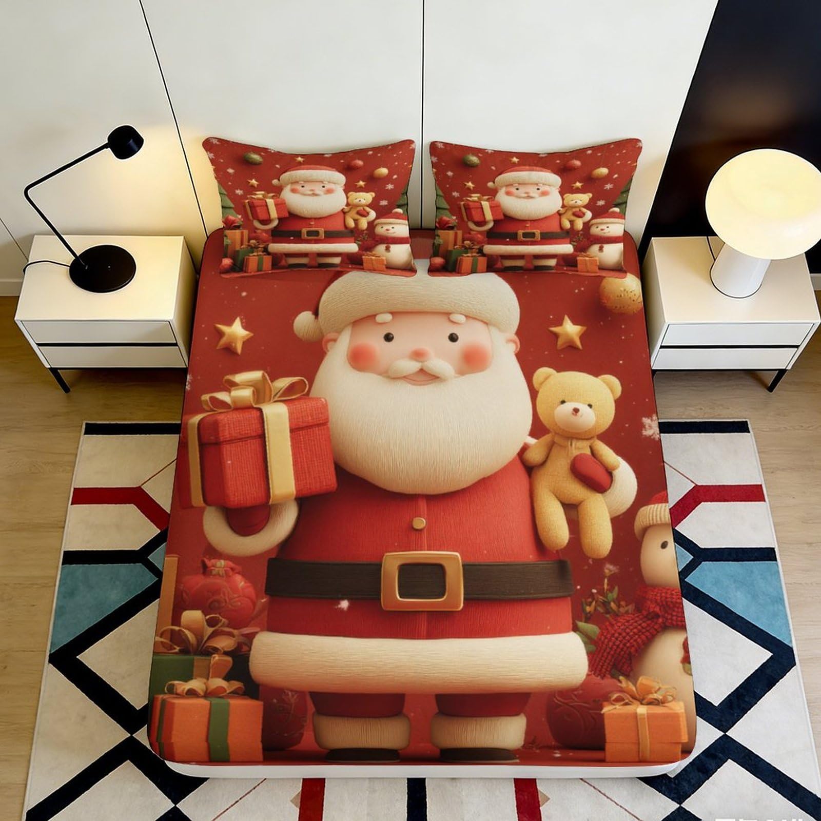Jqzkxnhpbr Style-9 3D Printed Santa Claus Fitted Sheet Microfiber Bed Sheet Red Cartoon Decor For Bedroom Guest Room 90X200x25cm