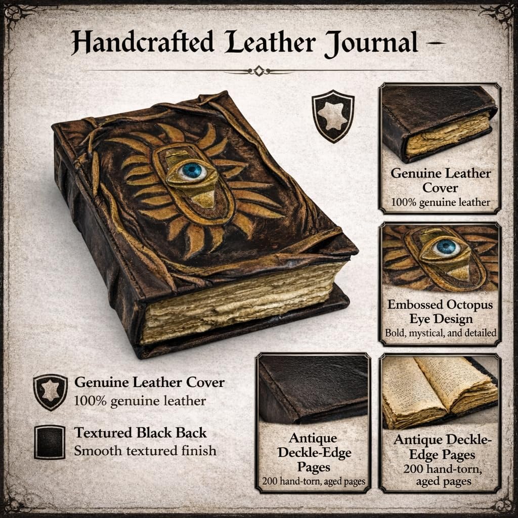 Oficart Handmade Journal – Vintage Leather Notebook with 200 Deckle Edge Pages with Rustic Leather Cover, Travel Diary, Sketchbook & Writing Notebook for Men & Women (Octopus Eye)