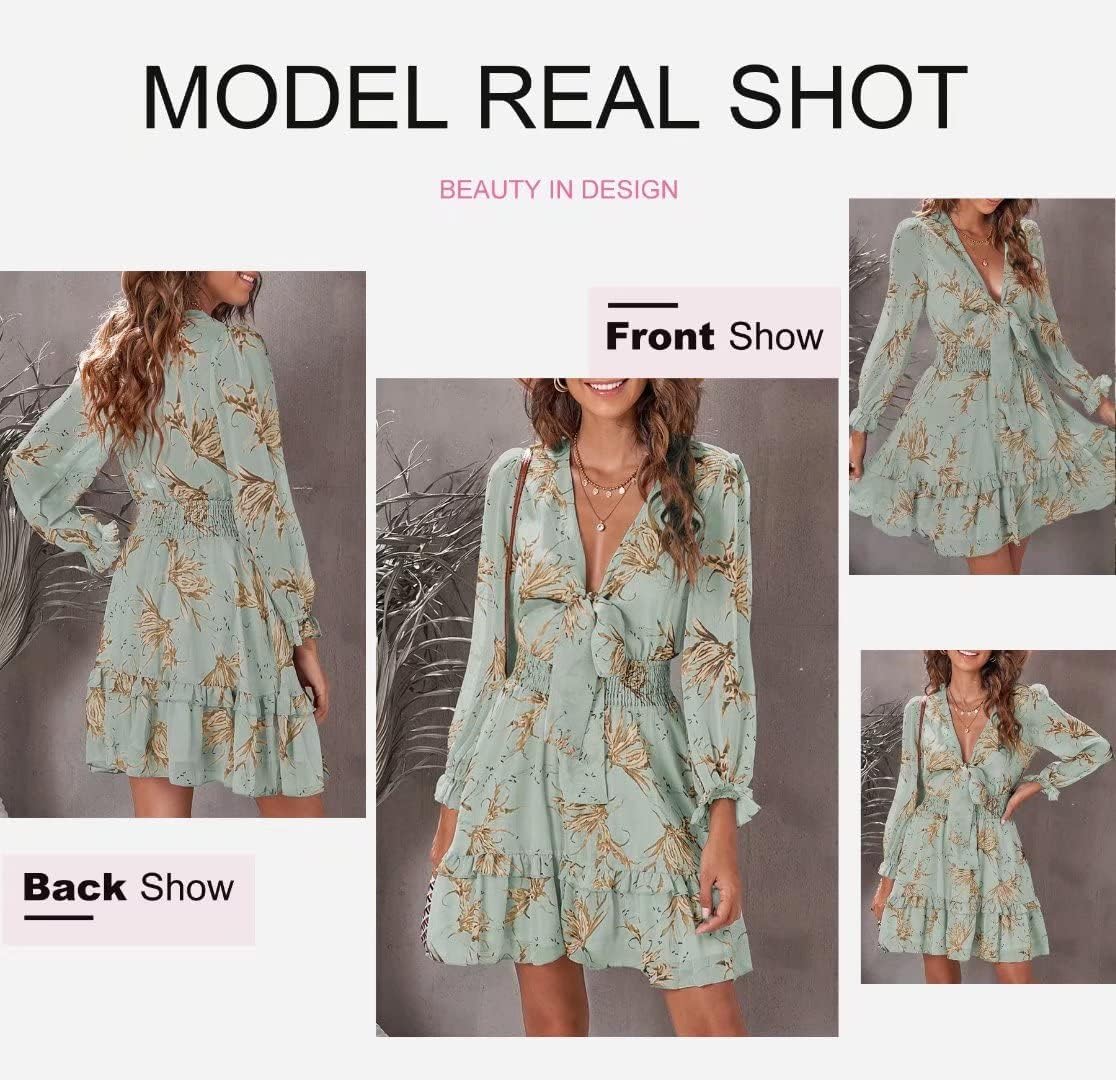 Dokotoo Womens Casual Spring Fall 2025 Deep V Neck Knotted Tiered Chiffon Elegant Mini Short Swing Skater Dresses