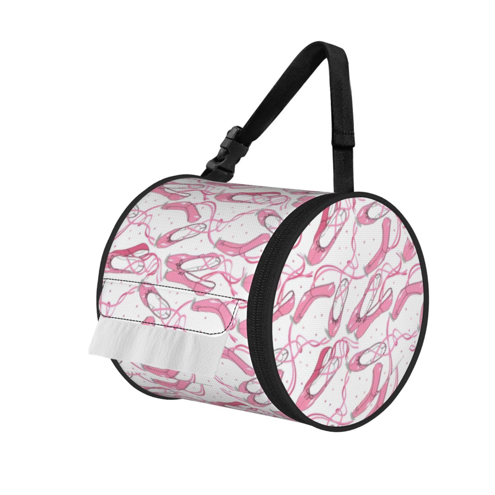 Pink Ballet Shoes Print Round Tissue Dispenser Bag With Carry Strap, Portable Roll Holder For Car Travel Home